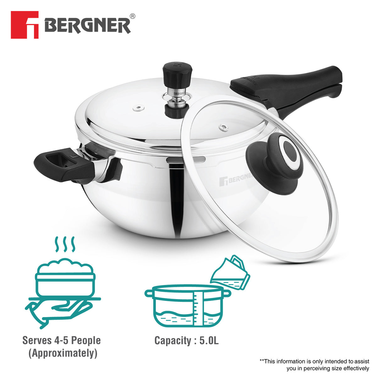 Bergner Trimax ORB Tri-Ply Stainless Steel Belly Shape Outer Lid Pressure Cooker with Extra Glass Lid, Less Oil Use - Induction Bottom