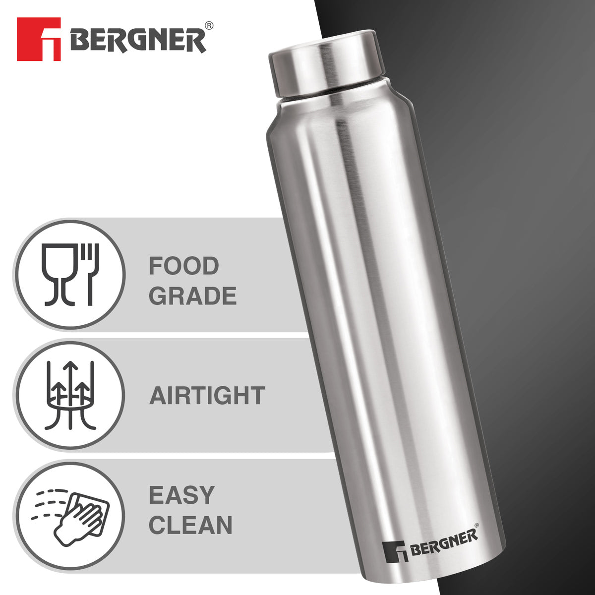 Bergner Walking Stainless Steel 3 Pcs (1000ml each) Water Bottles, Rustproof, Airtight and Leakproof For Office, Home, College, Gym, Travel - Silver