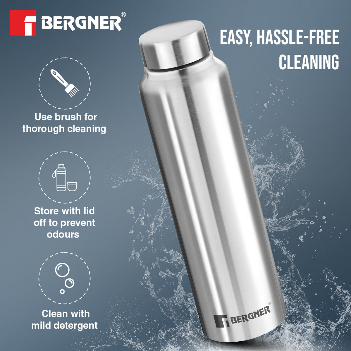 Bergner Walking Stainless Steel 3 Pcs (1000ml each) Water Bottles, Rustproof, Airtight and Leakproof For Office, Home, College, Gym, Travel - Silver