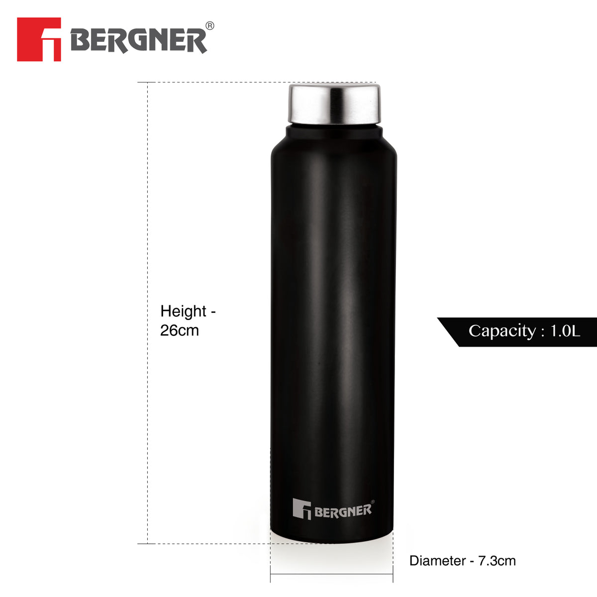 Bergner Walking Stainless Steel 1000ml Water Bottle, Rustproof, Airtight and Leakproof for Office, Home, College, Gym, Travel - Black