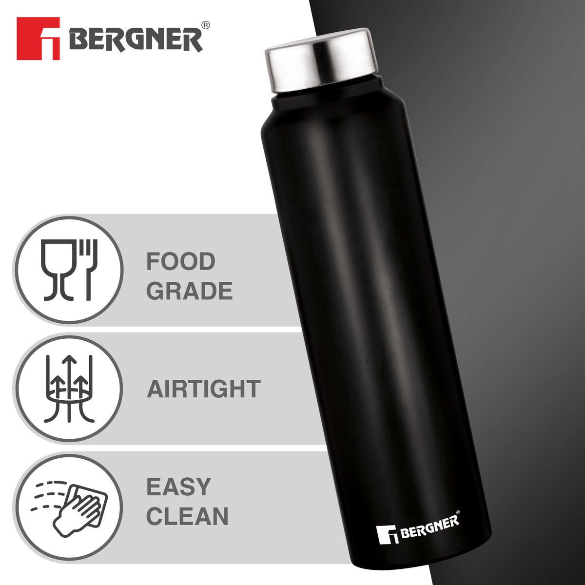 Bergner Walking Stainless Steel 1000ml Water Bottle, Rustproof, Airtight and Leakproof for Office, Home, College, Gym, Travel - Black