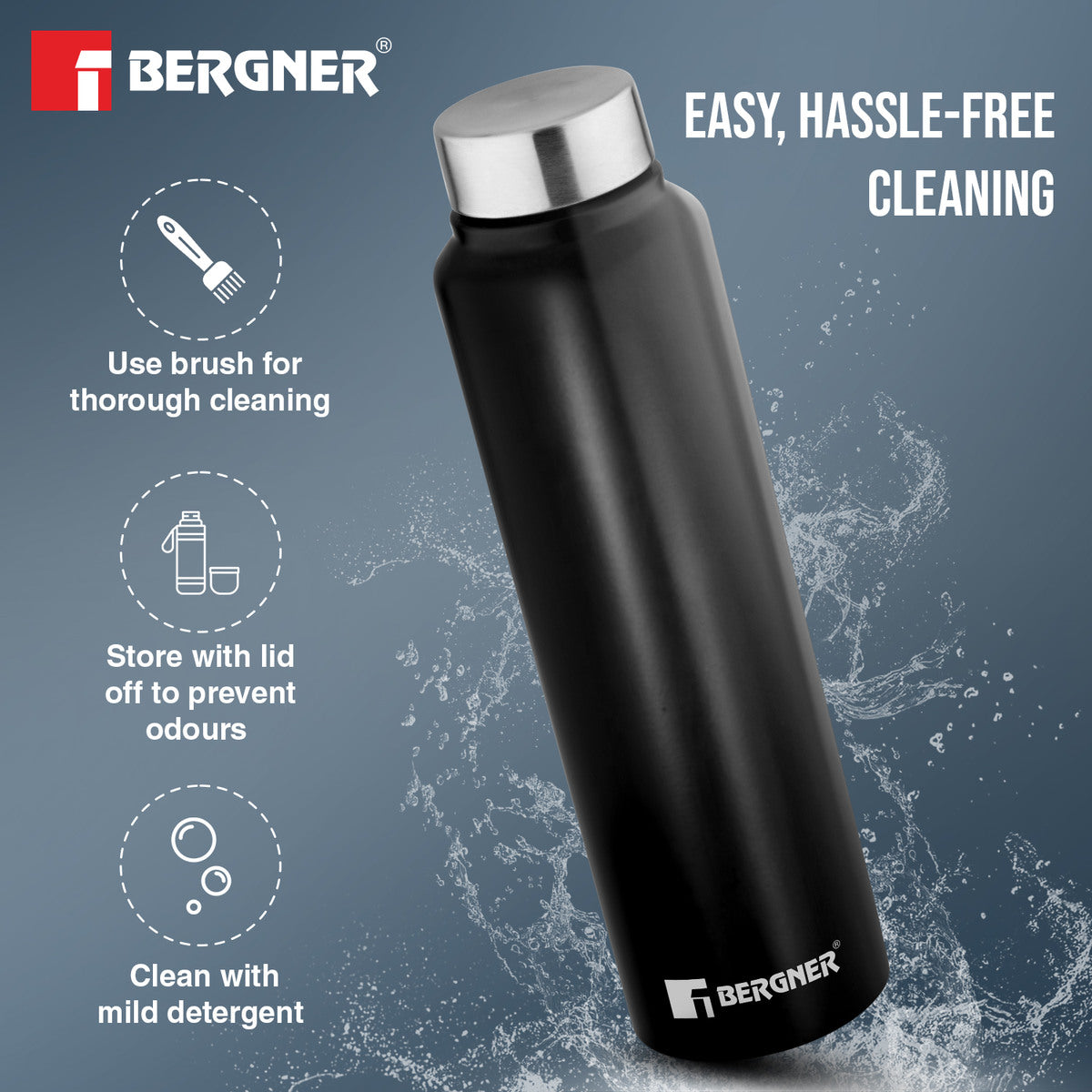 Bergner Walking Stainless Steel 1000ml Water Bottle, Rustproof, Airtight and Leakproof for Office, Home, College, Gym, Travel - Black