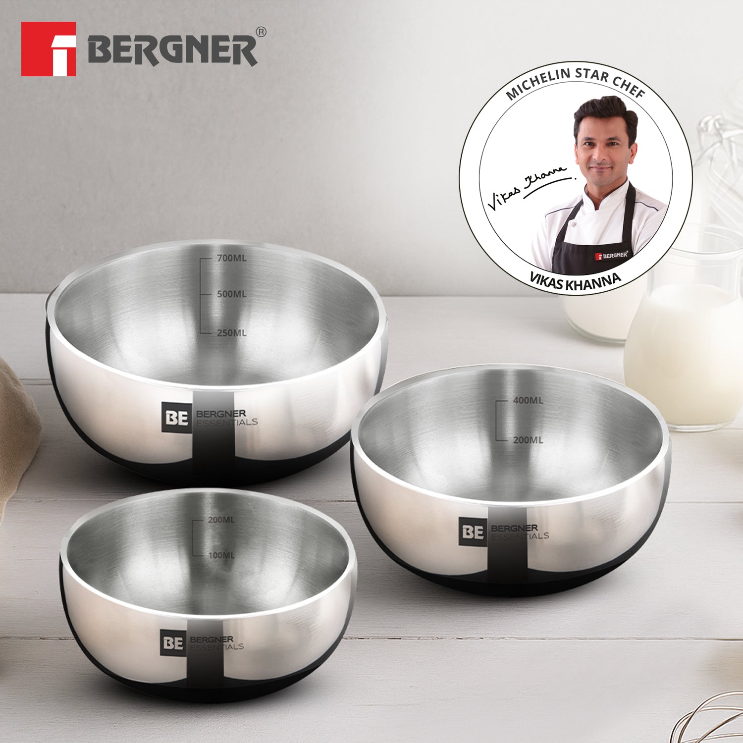 BE Essentials TriPly Stainless Steel 3 Pcs Mini Tasra Set