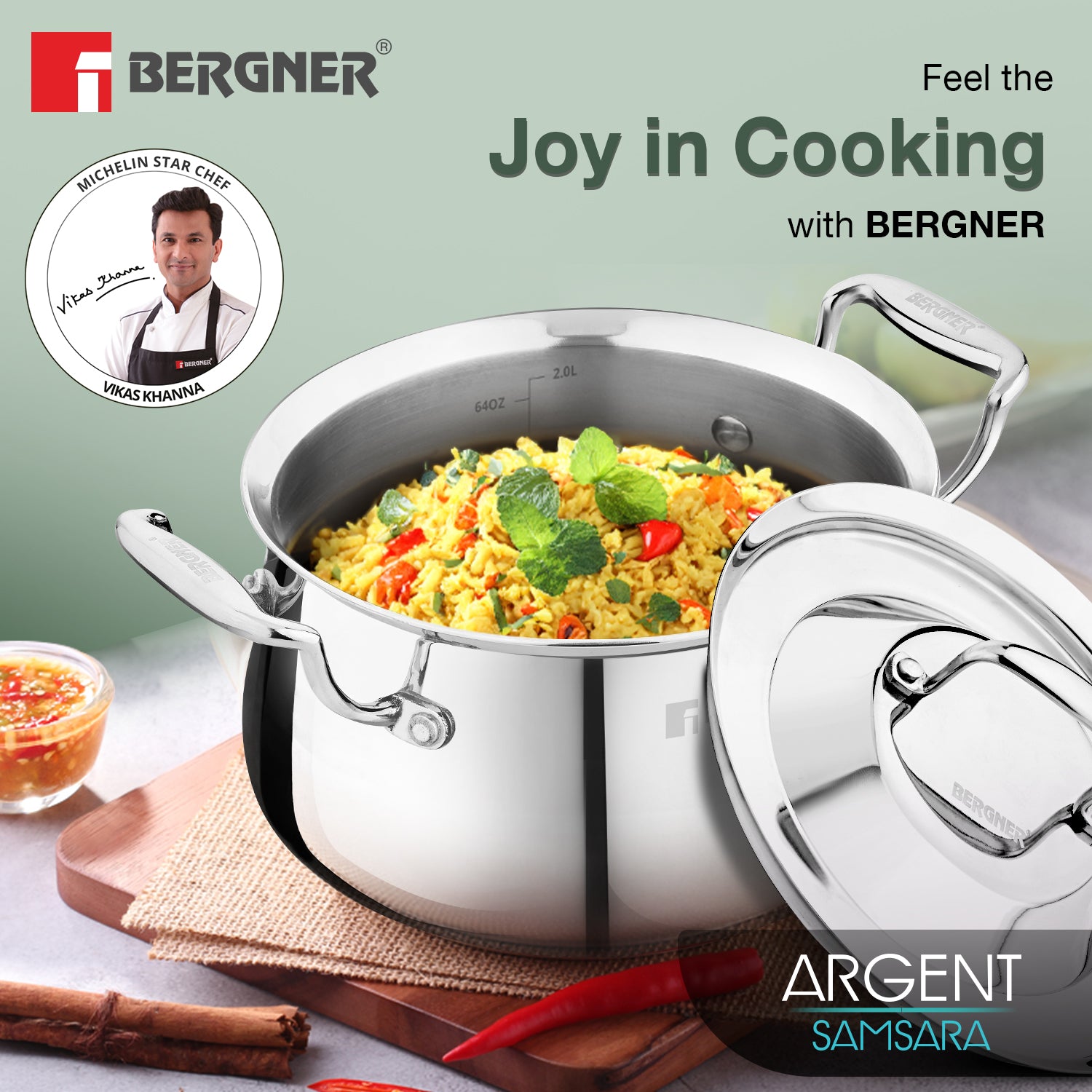 Argent Samsara Triply Rice Handi / Casserole with Stainless Steel Lid 24cm/(5.5L)