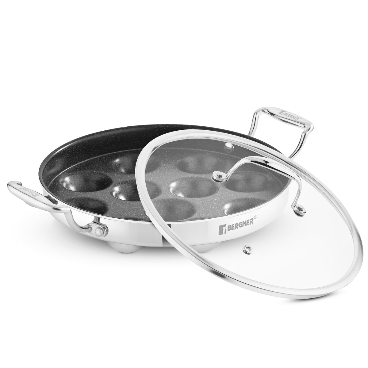 Bergner Argent Samsara Triply Stainless Steel Round Paniyarakkal with 11 Pits and Glass Lid (25cm Dia), Premium Non-Stick Coating, Consumes Less Oil - Induction Bottom