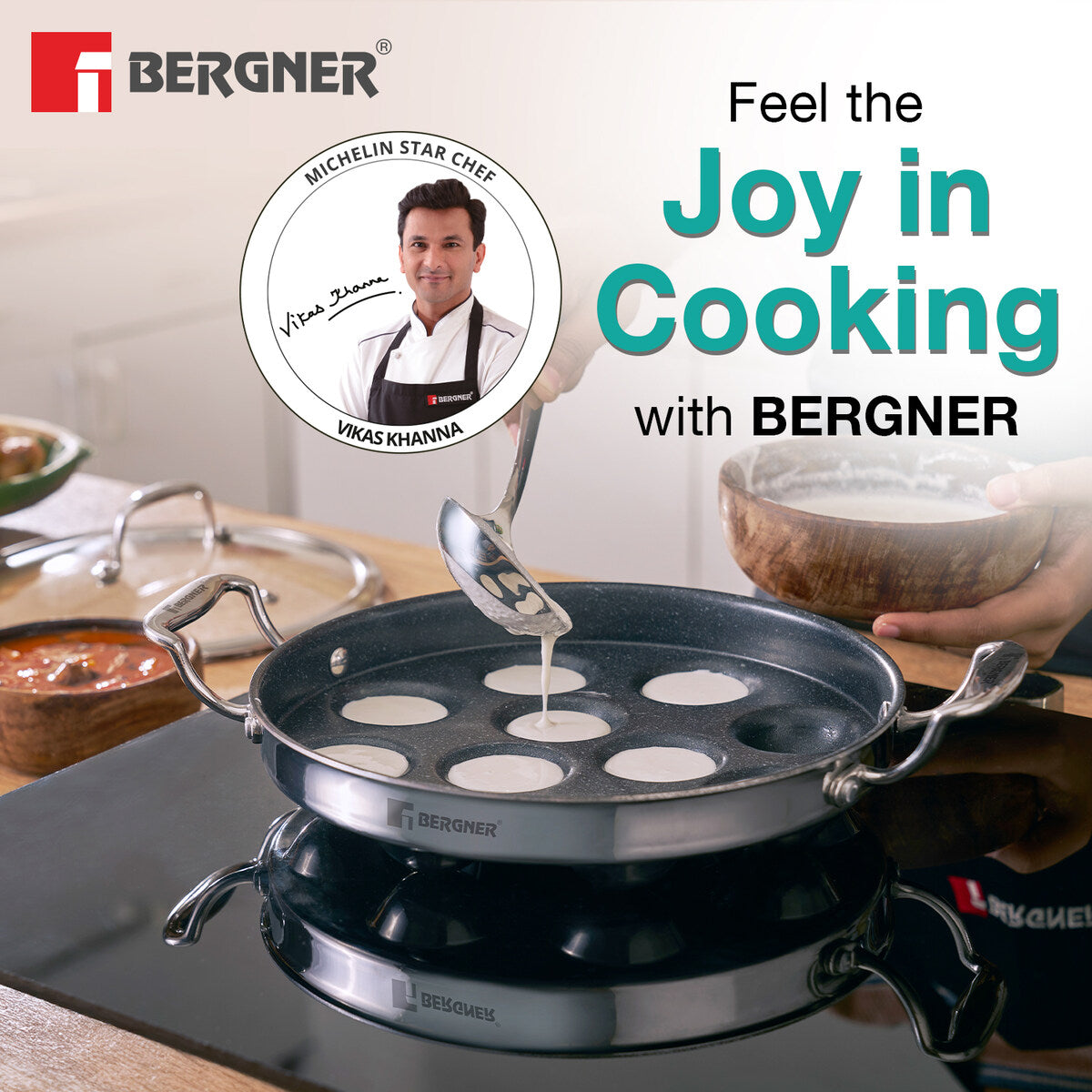 Bergner Argent Samsara Triply Stainless Steel Round Paniyarakkal with 11 Pits and Glass Lid (25cm Dia), Premium Non-Stick Coating, Consumes Less Oil - Induction Bottom