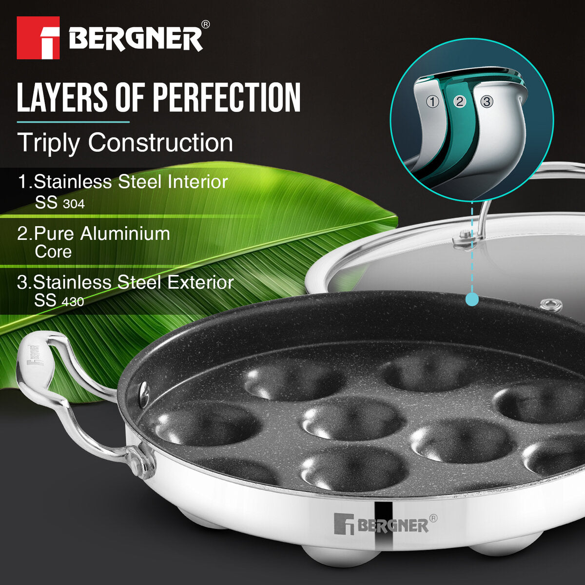 Bergner Argent Samsara Tri-Ply Stainless Steel Round Paniyarakkal with 11 Pits and Glass Lid (25cm Diameter), Quantanium Non-Stick Coating, Consumes Less Oil - Induction Bottom