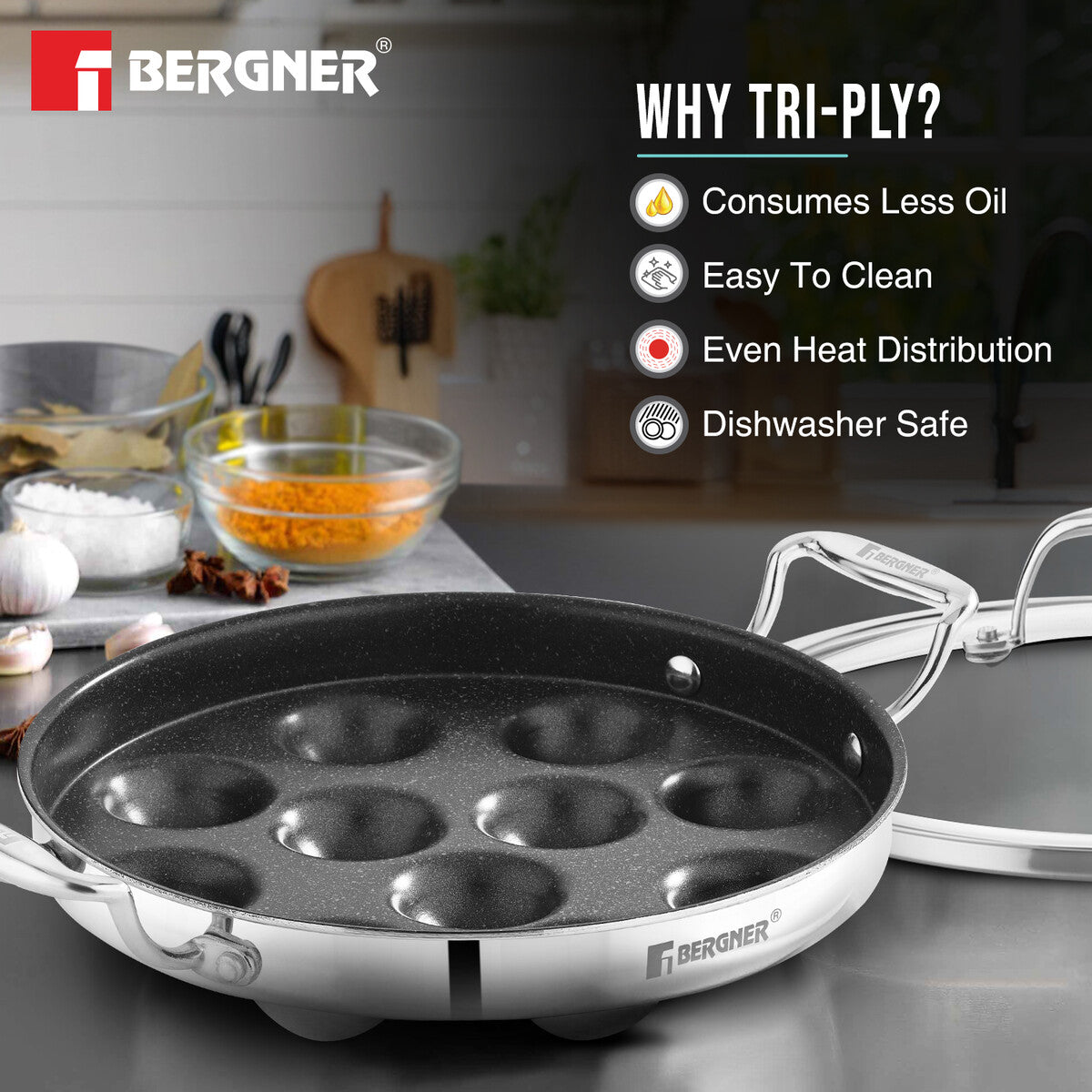 Bergner Argent Samsara Tri-Ply Stainless Steel Round Paniyarakkal with 11 Pits and Glass Lid (25cm Diameter), Quantanium Non-Stick Coating, Consumes Less Oil - Induction Bottom