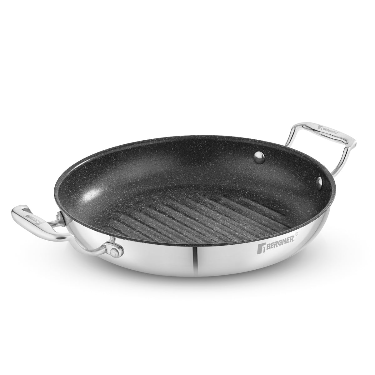 Bergner Argent Samsara Triply Stainless Steel 26cm Round Grill Pan with Premium Non-Stick Coating, Consumes Less Oil - Induction Bottom