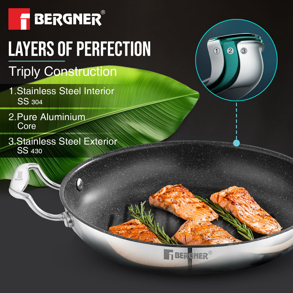 Bergner Argent Samsara Tri-Ply Stainless Steel 26cm Round Grill Pan with Quantanium Non-Stick Coating, Consumes Less Oil - Induction Bottom