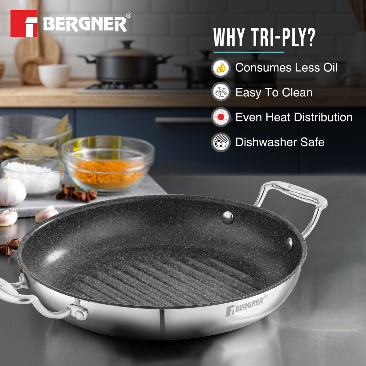 Bergner Argent Samsara Tri-Ply Stainless Steel 26cm Round Grill Pan with Quantanium Non-Stick Coating, Consumes Less Oil - Induction Bottom