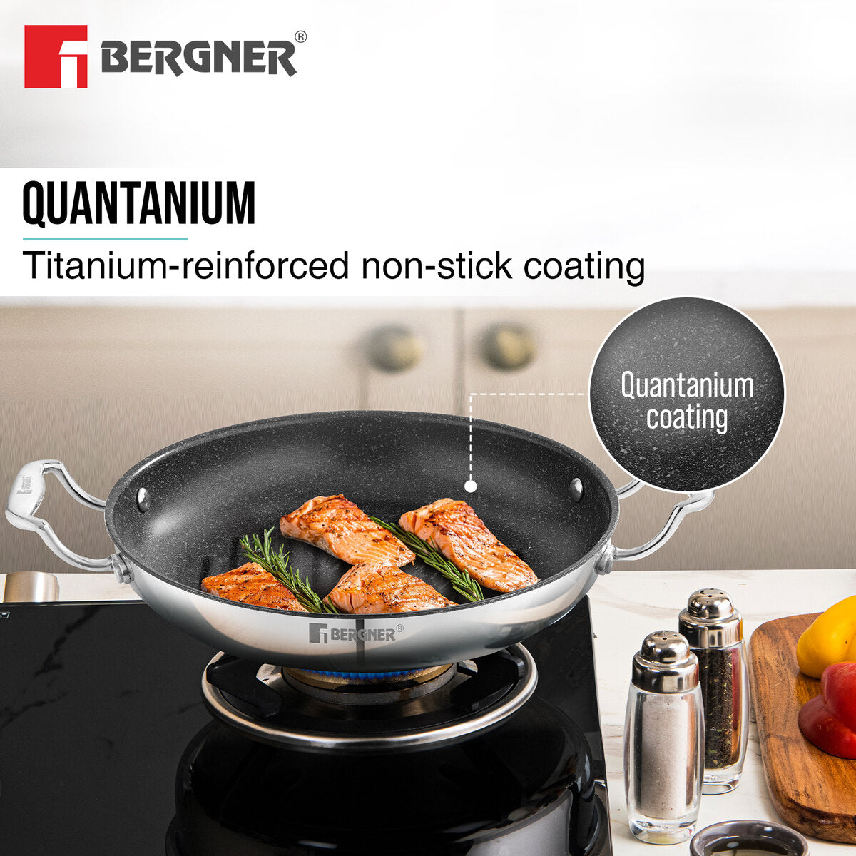 Bergner Argent Samsara Tri-Ply Stainless Steel 26cm Round Grill Pan with Quantanium Non-Stick Coating, Consumes Less Oil - Induction Bottom