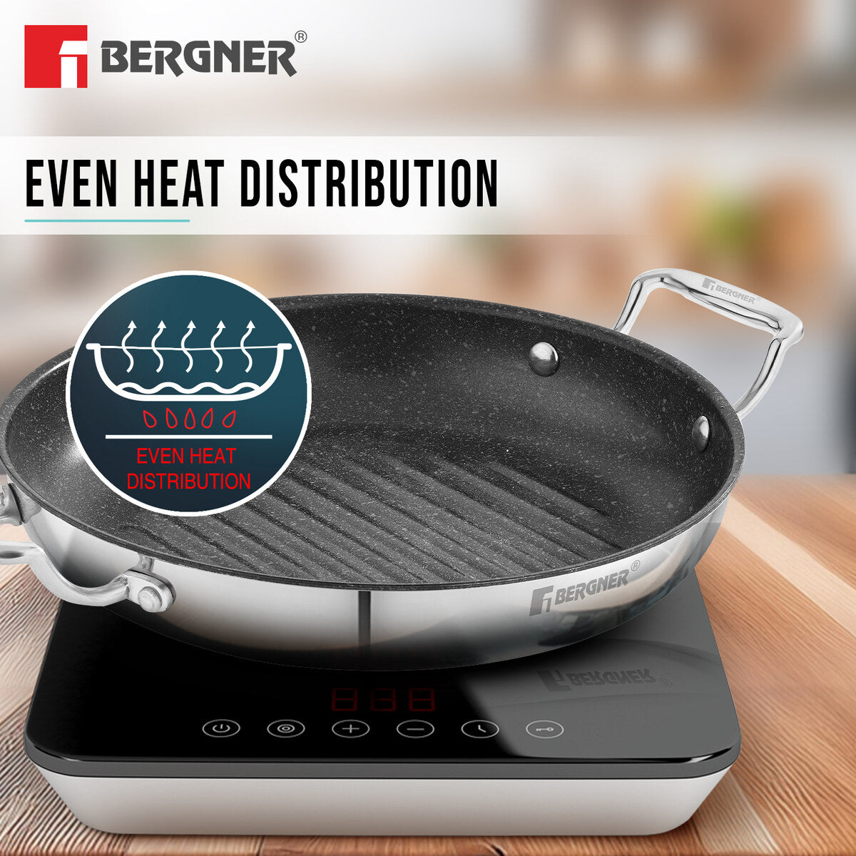 Bergner Argent Samsara Tri-Ply Stainless Steel 26cm Round Grill Pan with Quantanium Non-Stick Coating, Consumes Less Oil - Induction Bottom