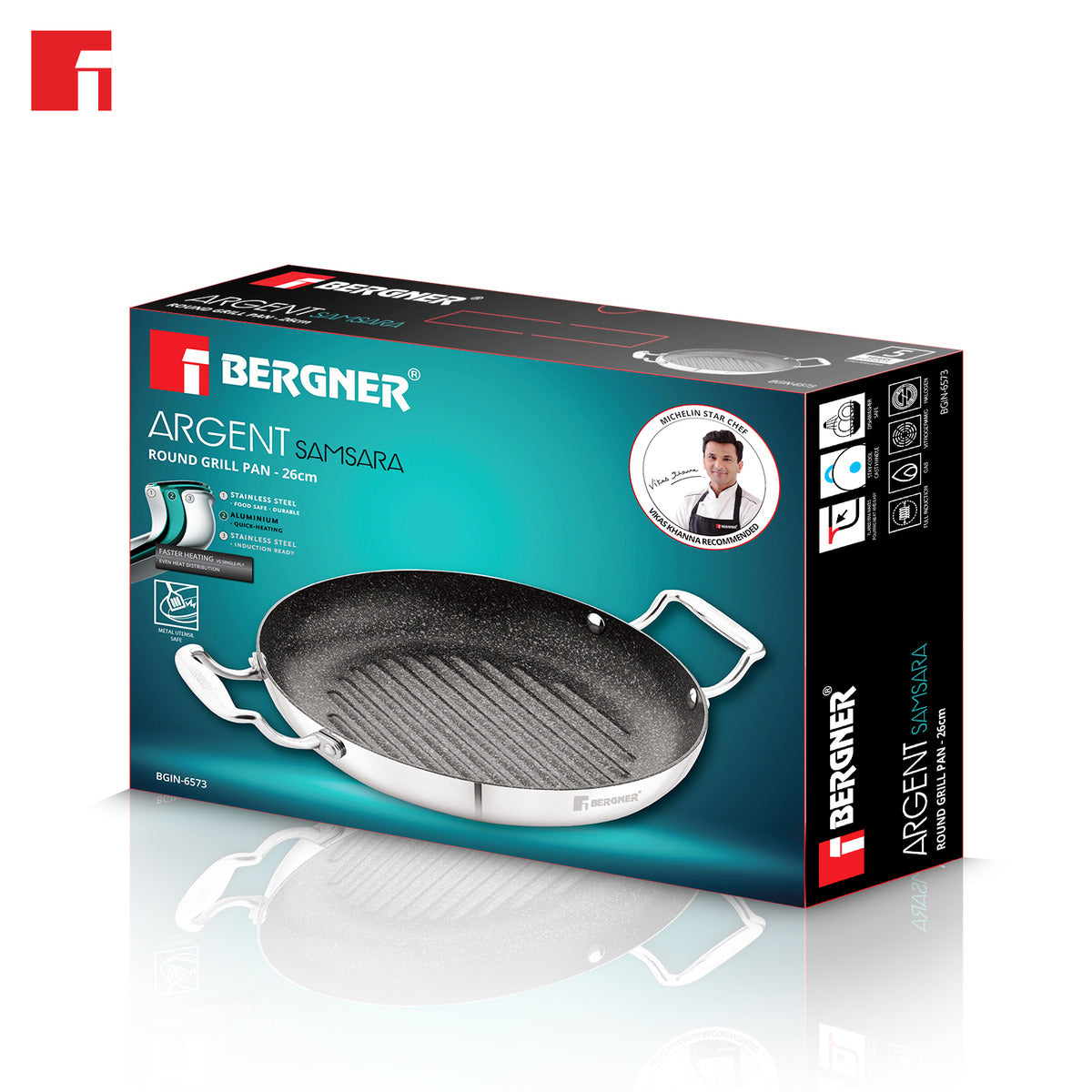 Argent Samsara Tri-Ply Stainless Steel 26cm Round Grill Pan - Induction Bottom
