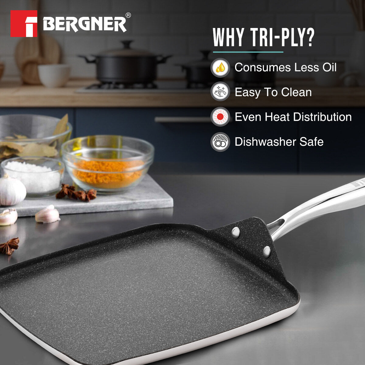 Bergner Argent Samsara Tri-Ply Stainless Steel 27cm Square Multi Tawa with Quantanium Non-Stick Coating, Consumes Less Oil - Induction Bottom