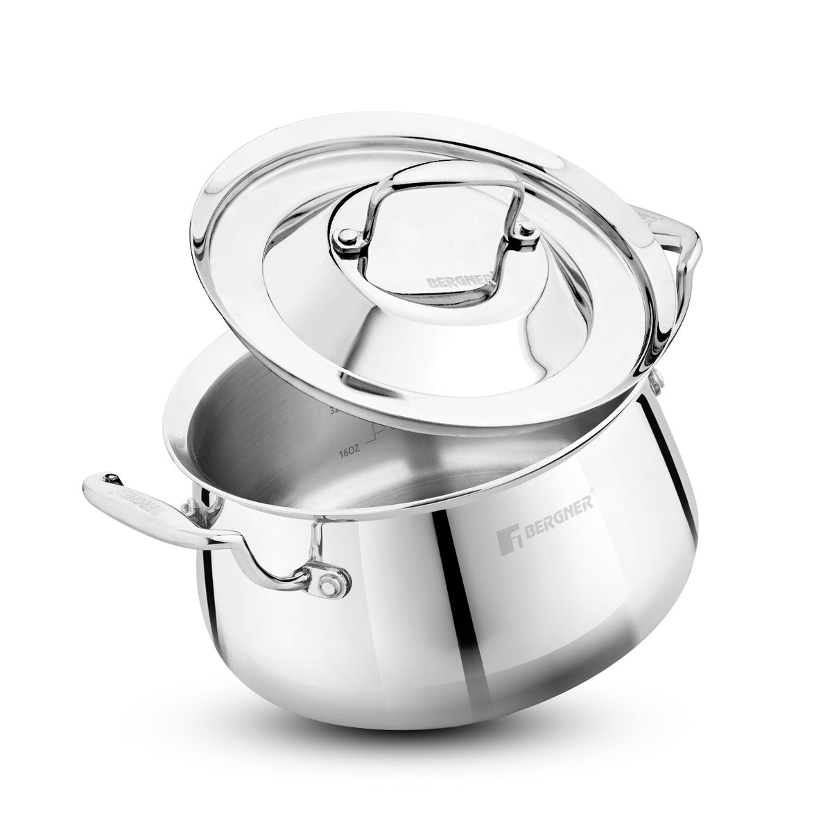 Bergner Argent Samsara Triply Stainless Steel Shallow Handi with Stainless Steel Lid, Consumes Less Oil - Induction Bottom