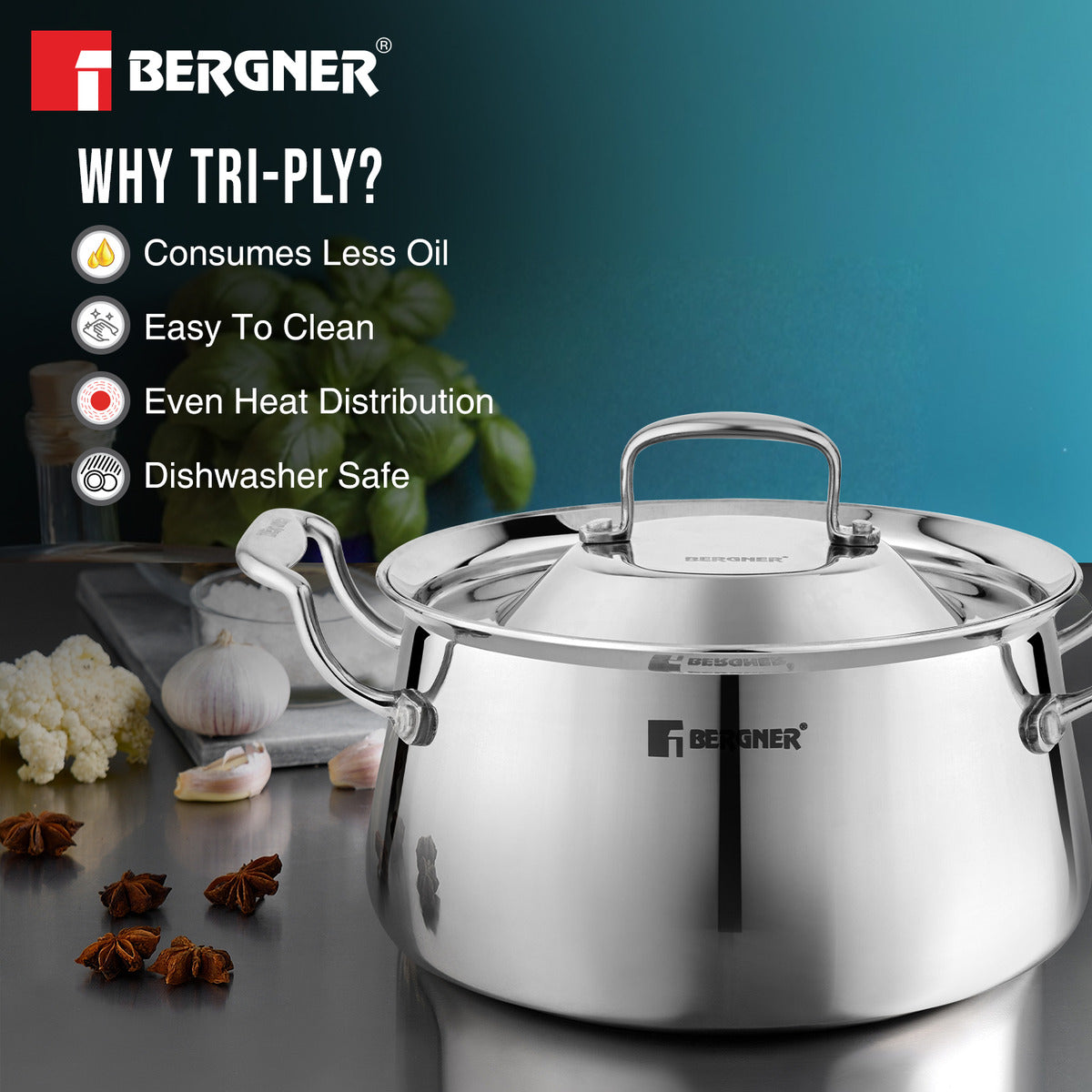 Bergner Argent Samsara Tri-Ply Stainless Steel Biryani Handi with Stainless Steel Lid, Consumes Less Oil - Induction Bottom