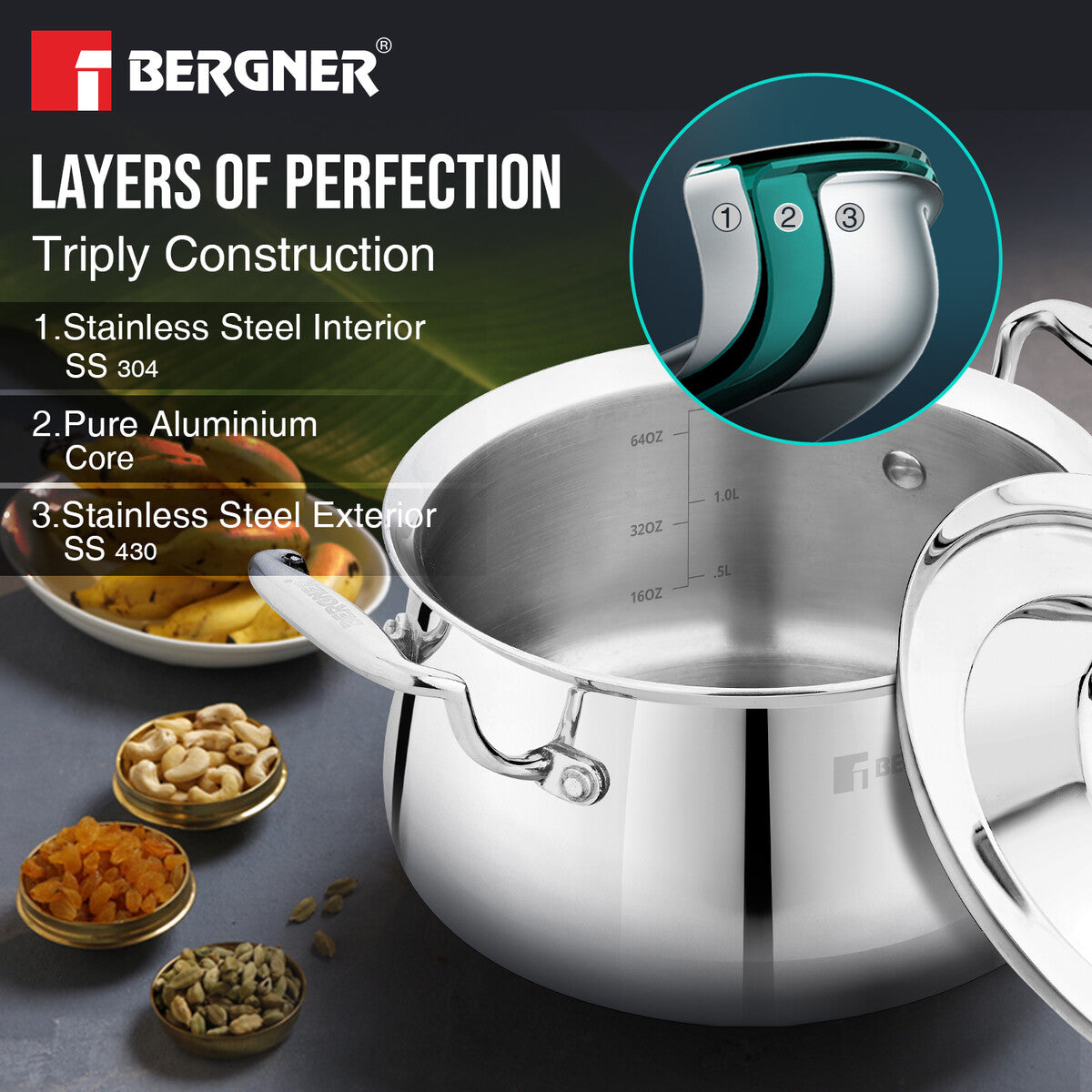 Bergner Argent Samsara Tri-Ply Stainless Steel Biryani Handi with Stainless Steel Lid, Consumes Less Oil - Induction Bottom