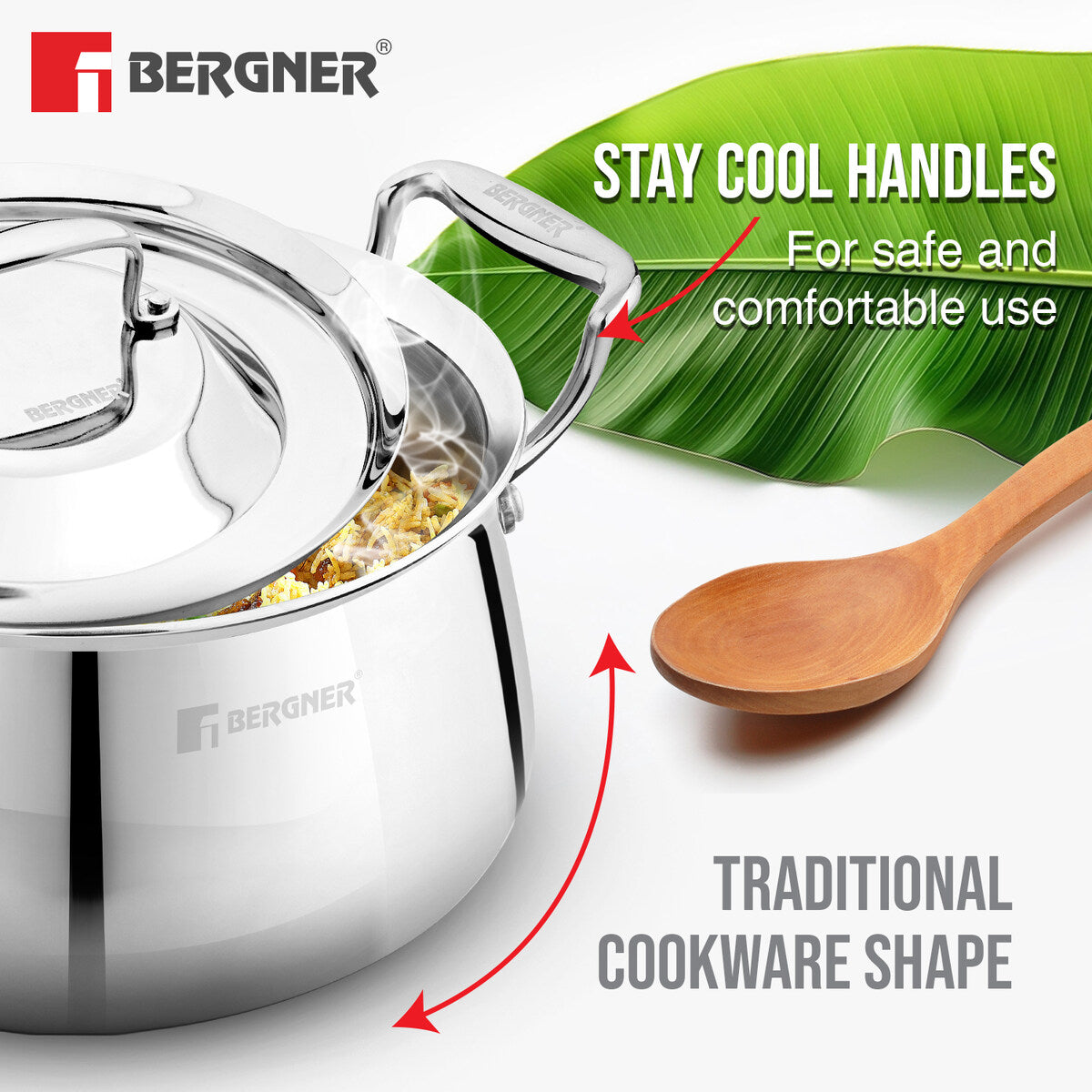 Bergner Argent Samsara Tri-Ply Stainless Steel Biryani Handi with Stainless Steel Lid, Consumes Less Oil - Induction Bottom