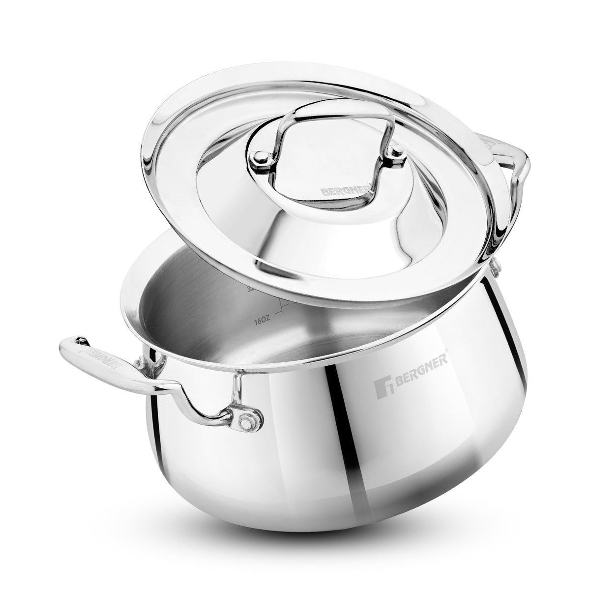 Bergner Argent Samsara Tri-Ply Stainless Steel Biryani Handi with Stainless Steel Lid, Consumes Less Oil - Induction Bottom