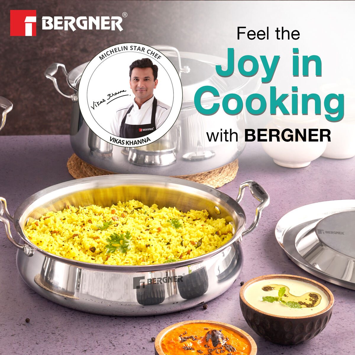 Bergner Argent Samsara Tri-Ply Stainless Steel 28 cm (4.25 L) Biryani Handi with Stainless Steel Lid, Consumes Less Oil - Induction Bottom