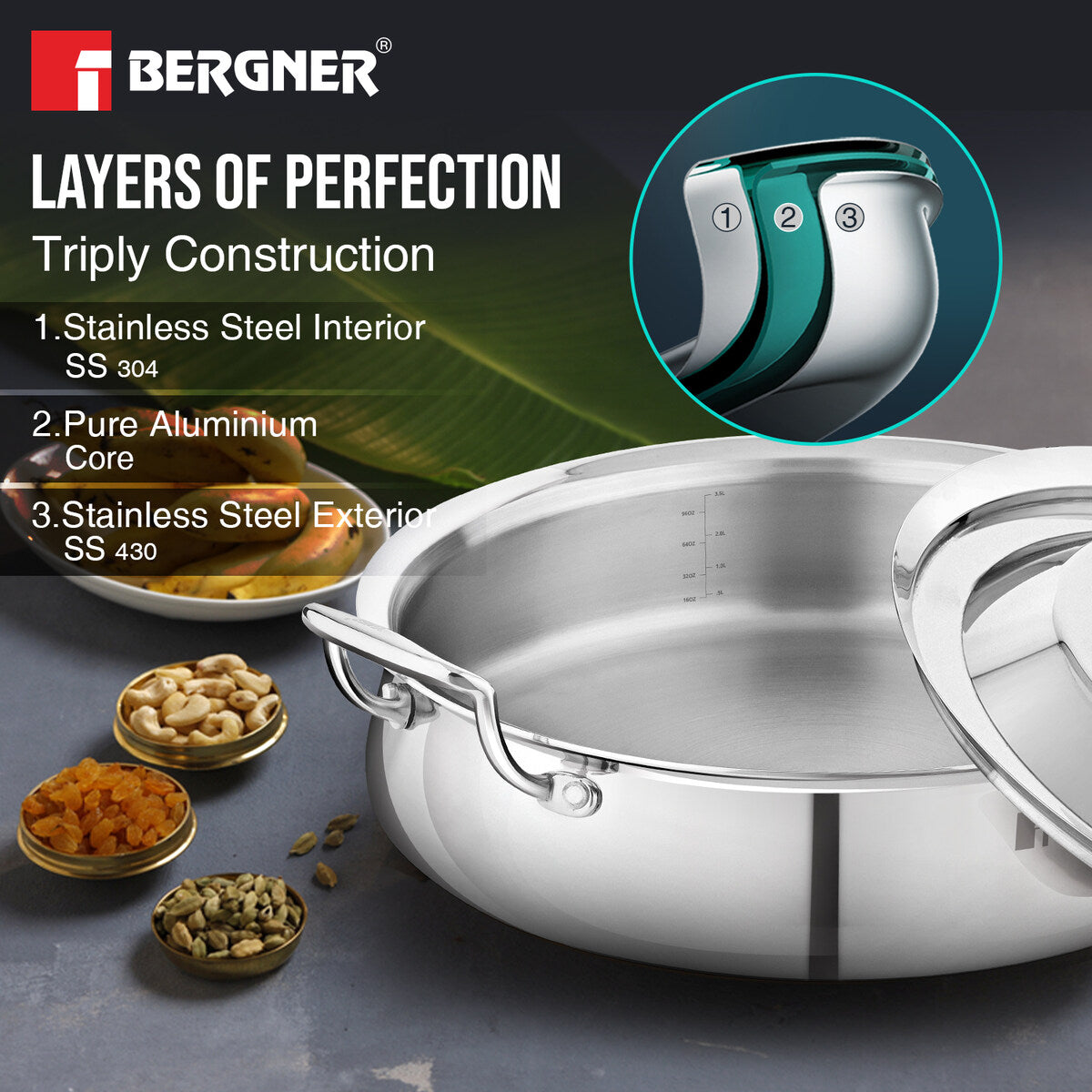 Bergner Argent Samsara Tri-Ply Stainless Steel 28 cm (4.25 L) Biryani Handi with Stainless Steel Lid, Consumes Less Oil - Induction Bottom