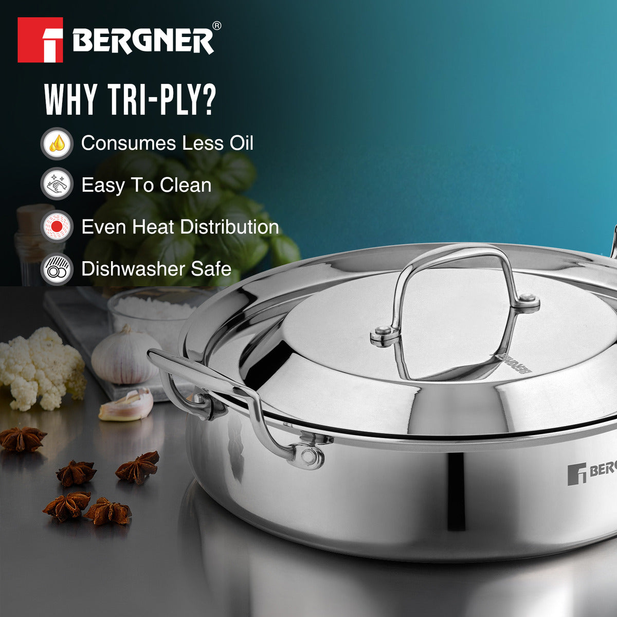 Bergner Argent Samsara Tri-Ply Stainless Steel 28 cm (4.25 L) Biryani Handi with Stainless Steel Lid, Consumes Less Oil - Induction Bottom