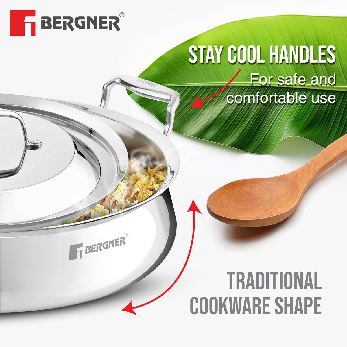 Bergner Argent Samsara Tri-Ply Stainless Steel 28 cm (4.25 L) Biryani Handi with Stainless Steel Lid, Consumes Less Oil - Induction Bottom