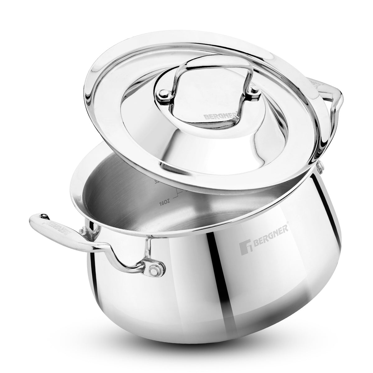 Bergner Argent Samsara Triply Stainless Steel 28cm (8.5 L) Large Tall Size Handi with Stainless Steel Lid, Consumes Less Oil - Induction Bottom