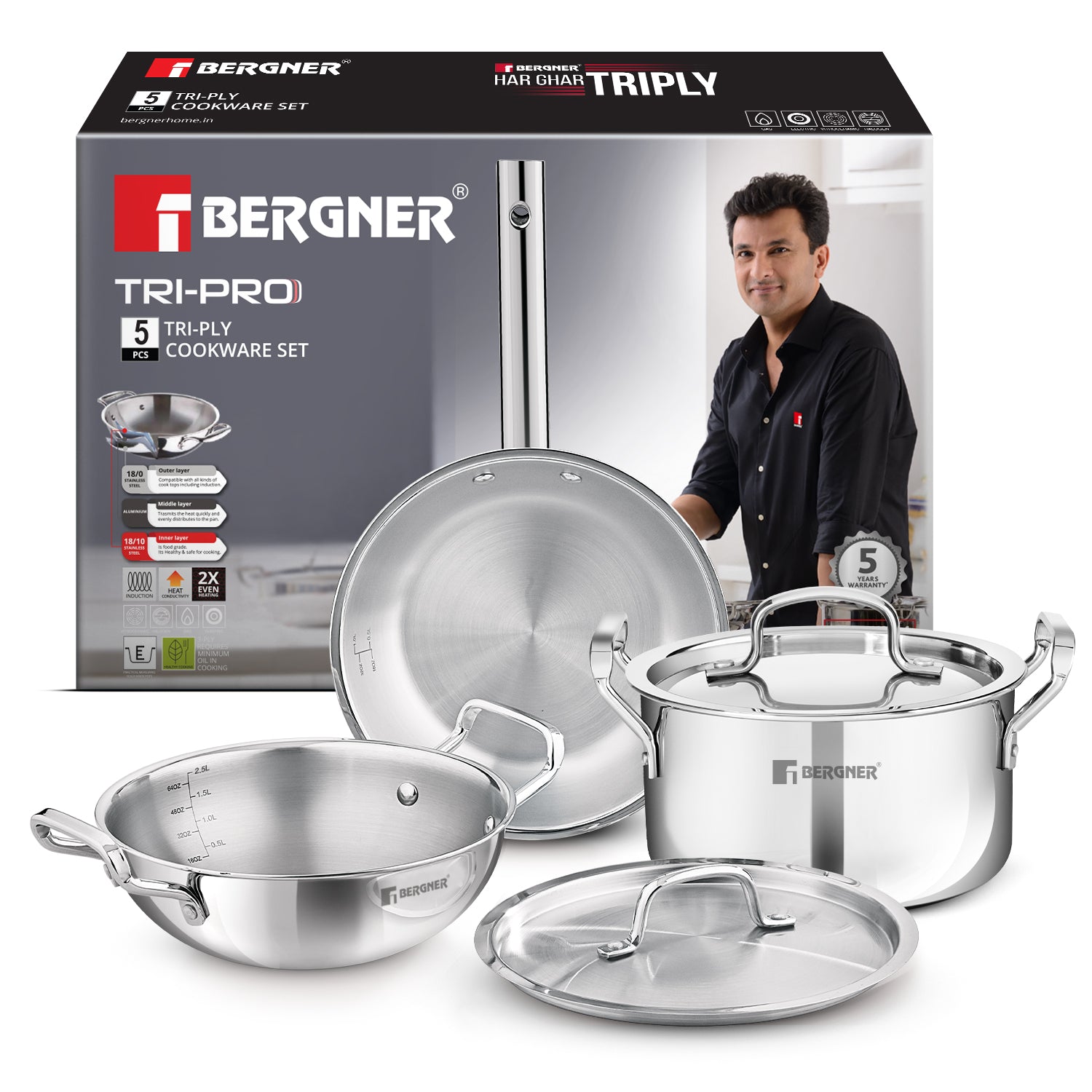 TriPro 5 Pcs Tri-Ply Stainless Steel Cookware Set