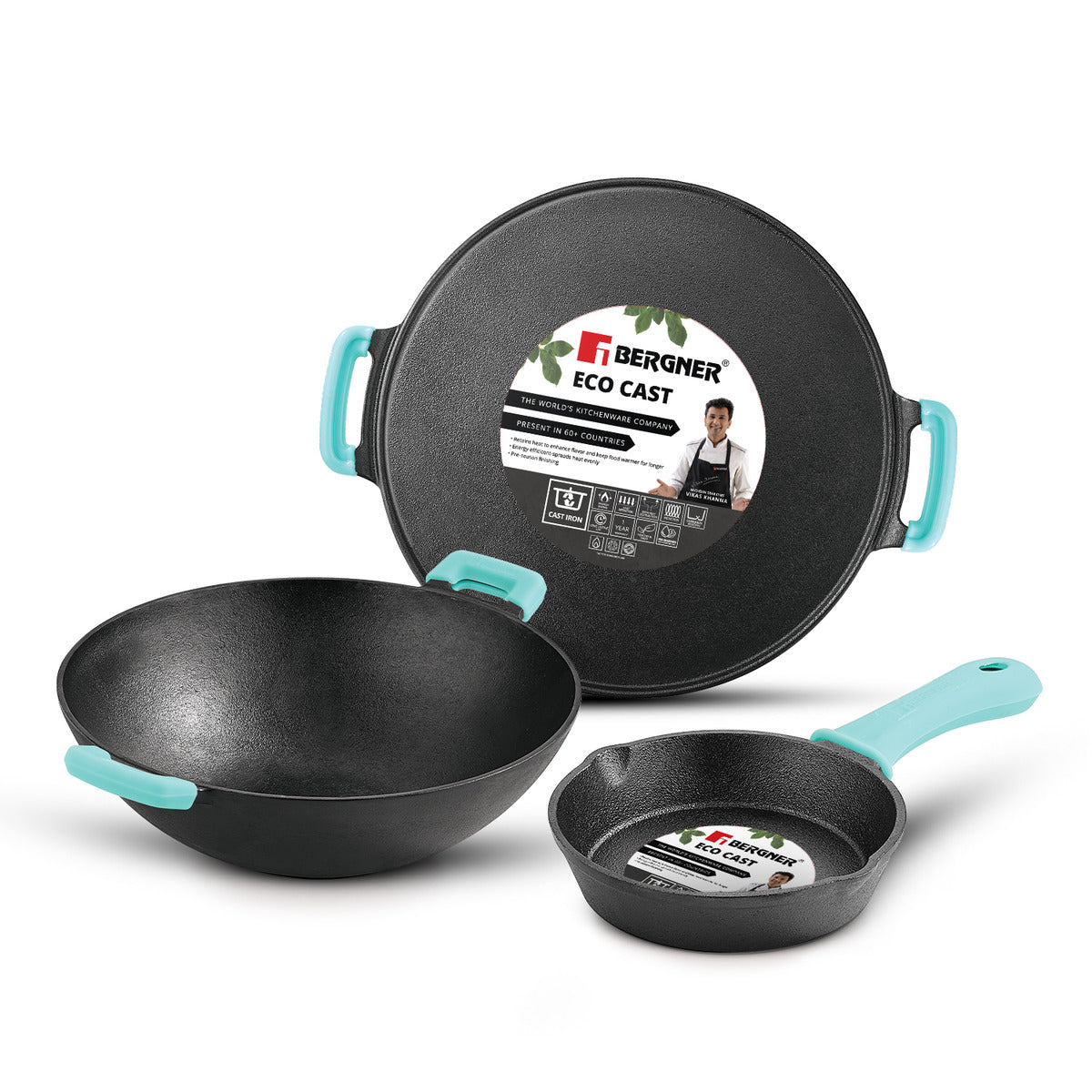 Bergner Eco Cast Iron 3 Pcs Cookware Set - 24cm Kadai, 19cm Frypan, 30cm Dosa Tawa, Pre-Seasoned Finishing, Hand Wash Recommended