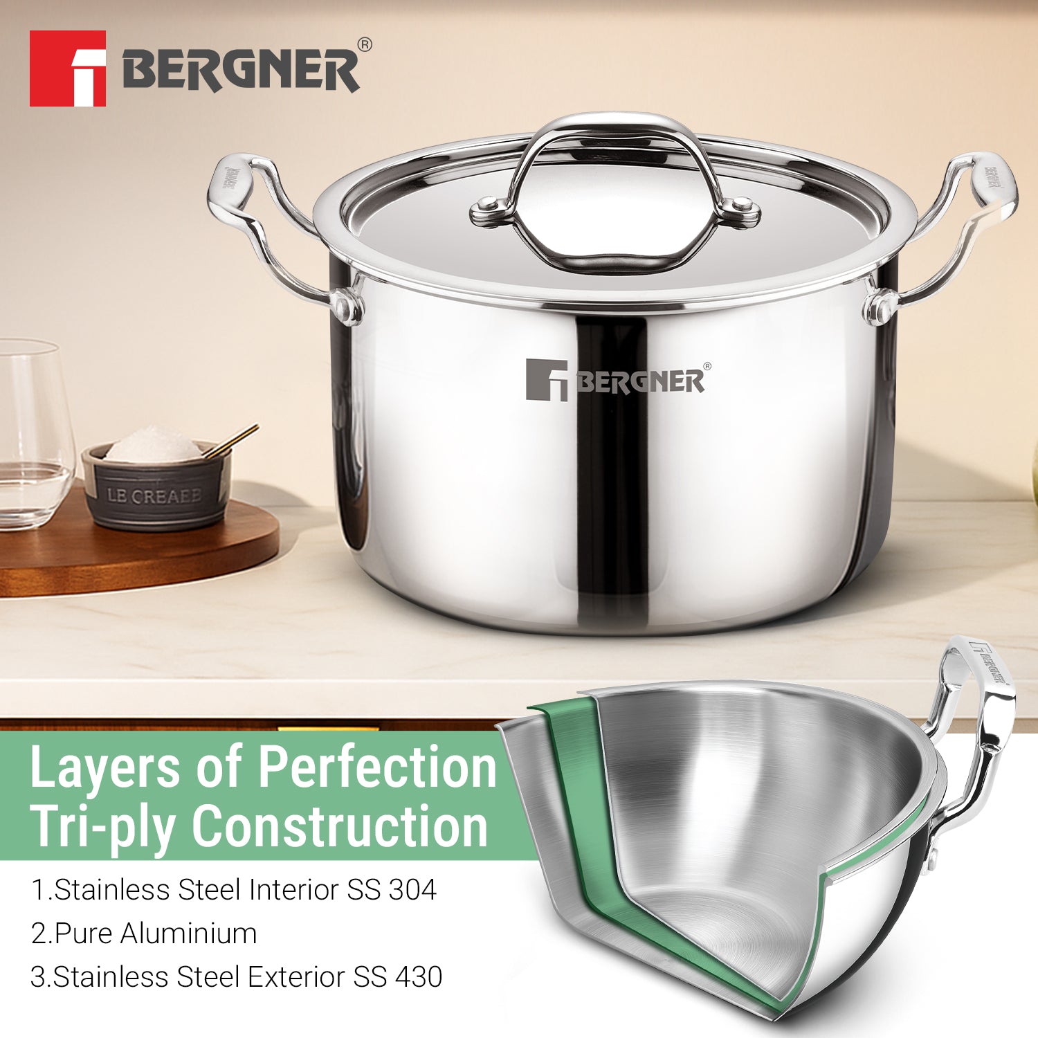 Argent Samsara Triply Stainless Steel 18cm (3L) Stock Pot/Casserole with Lid