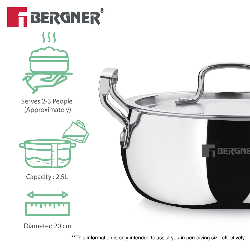 TriPro Tri-Ply Stainless Steel 20cm (3.1L) Belly Shape Casserole - Induction Compatible
