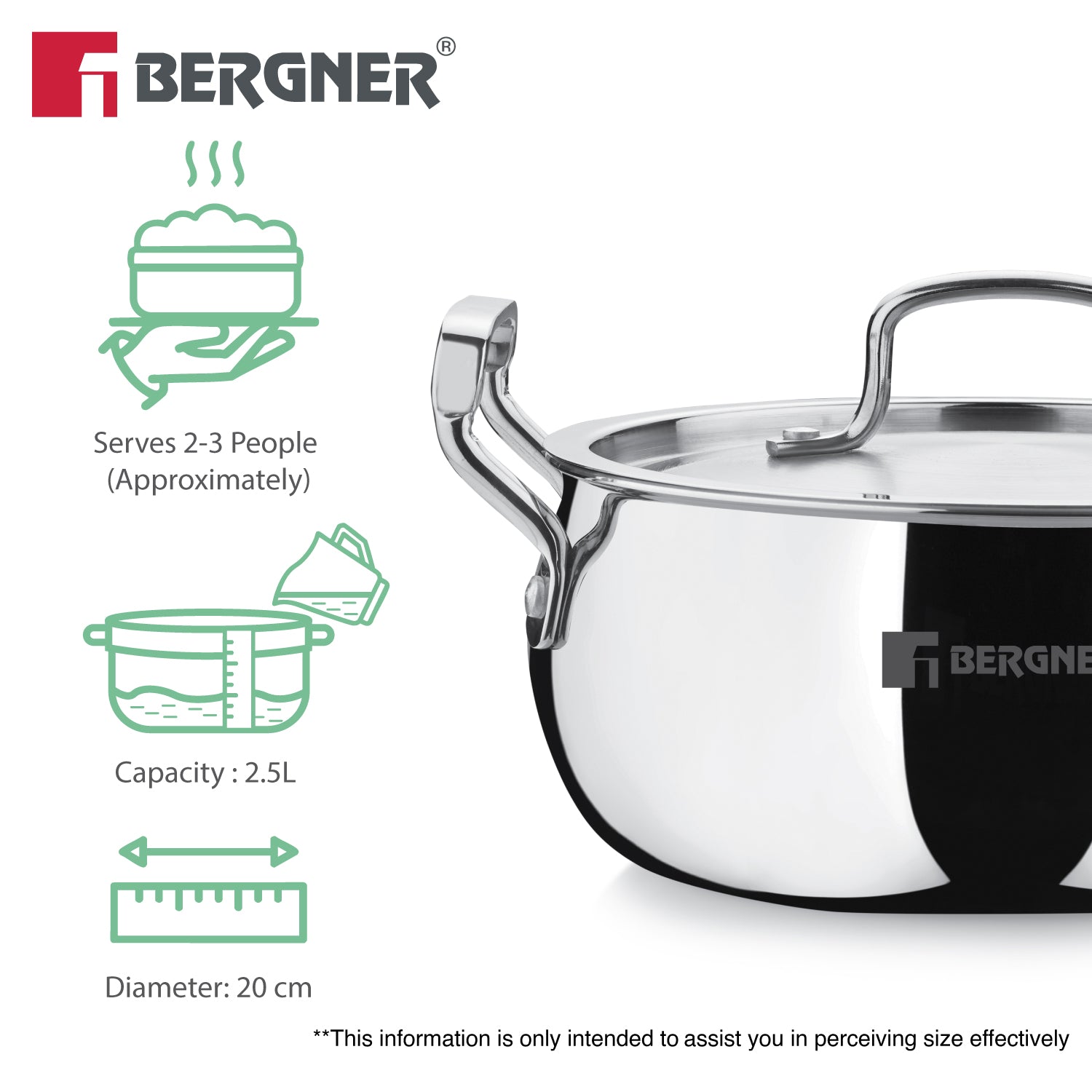TriPro Tri-Ply Stainless Steel 20cm (3.1L) Belly Shape Casserole - Induction Compatible