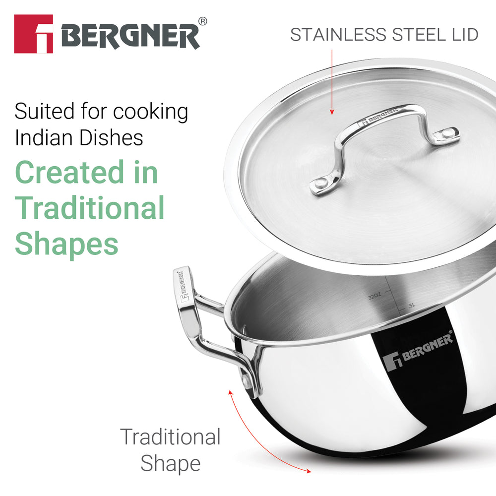 TriPro Tri-Ply Stainless Steel 20cm (3.1L) Belly Shape Casserole - Induction Compatible