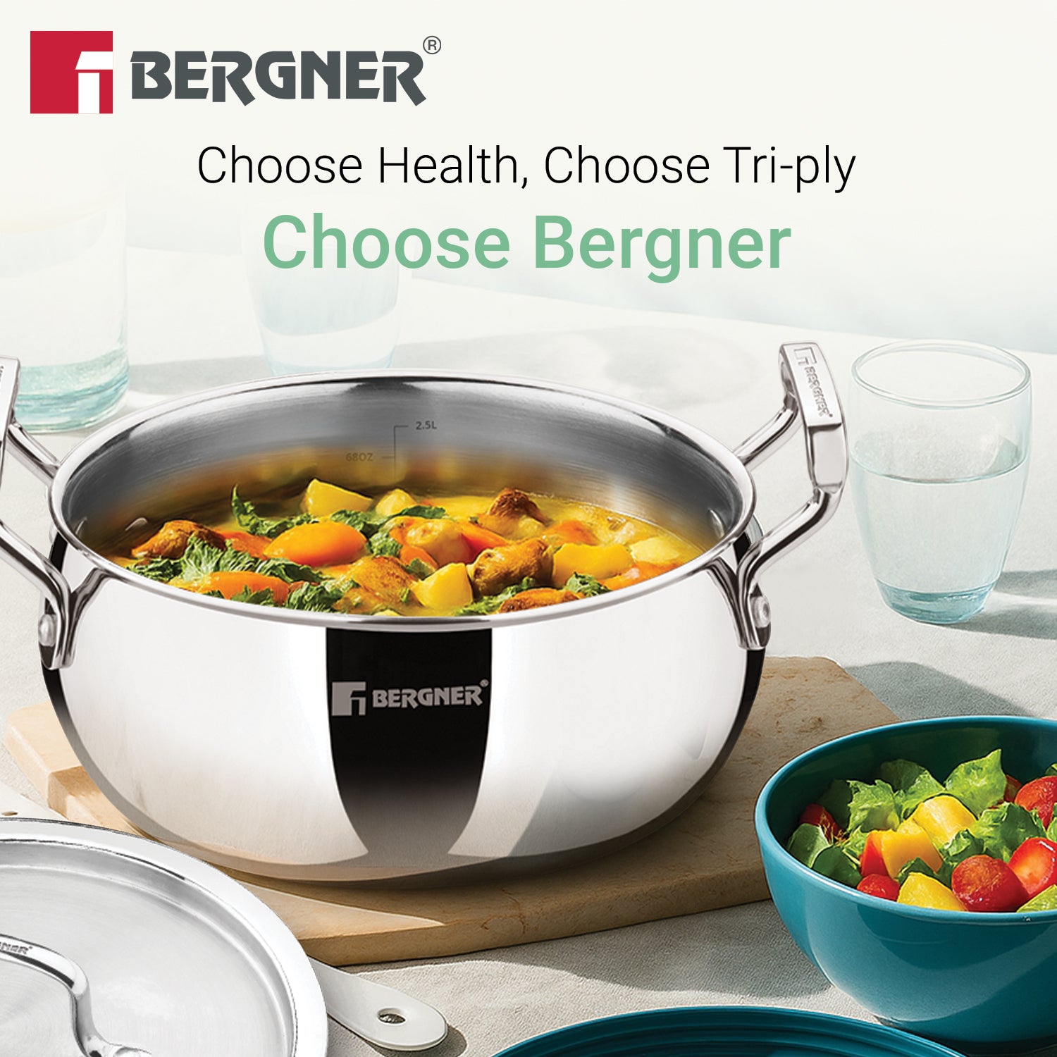 TriPro Tri-Ply Stainless Steel 20cm (3.1L) Belly Shape Casserole - Induction Compatible