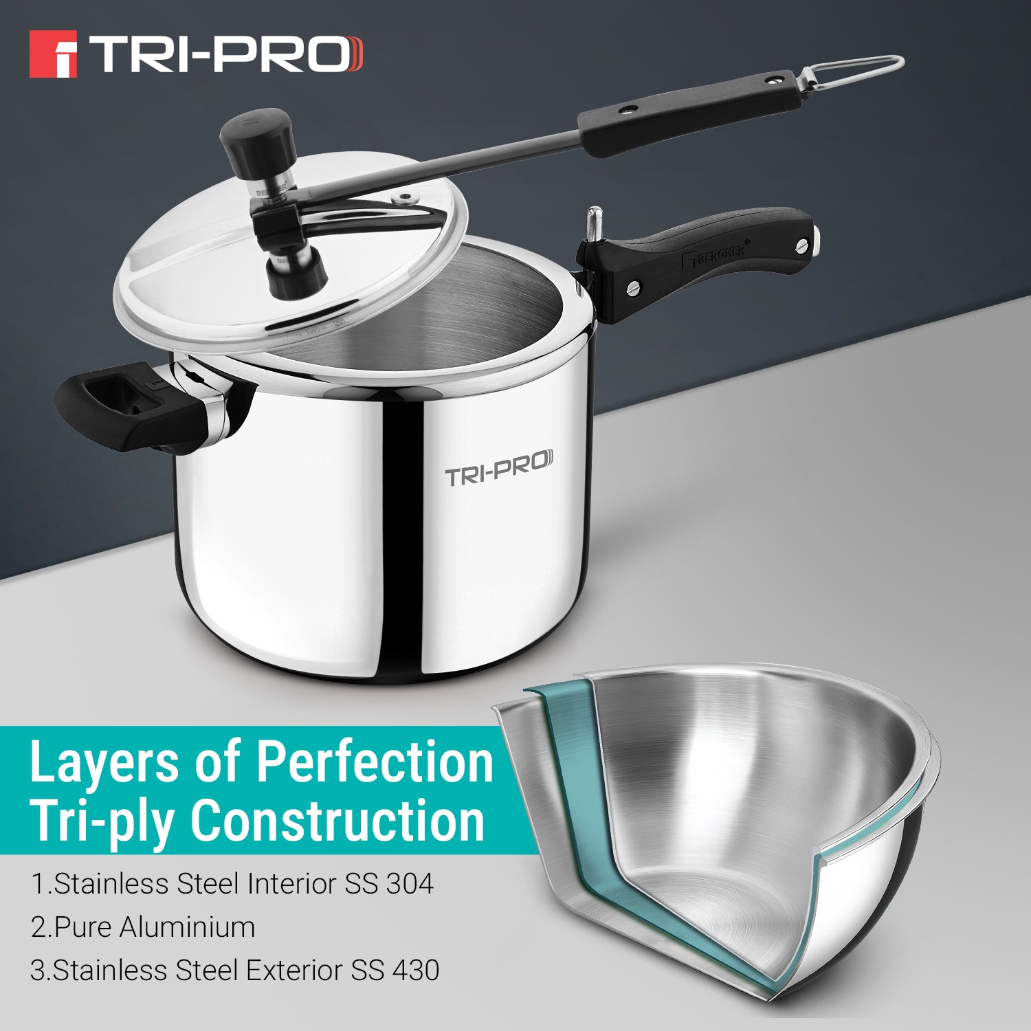 TriPro Tri-Ply Stainless Steel 5L Inner Lid Pressure Cooker - Induction Compatible