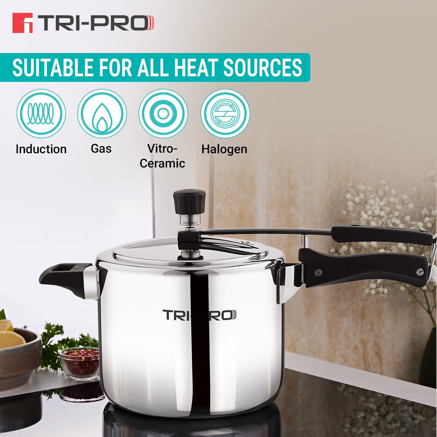 TriPro Tri-Ply Stainless Steel 5L Inner Lid Pressure Cooker - Induction Compatible