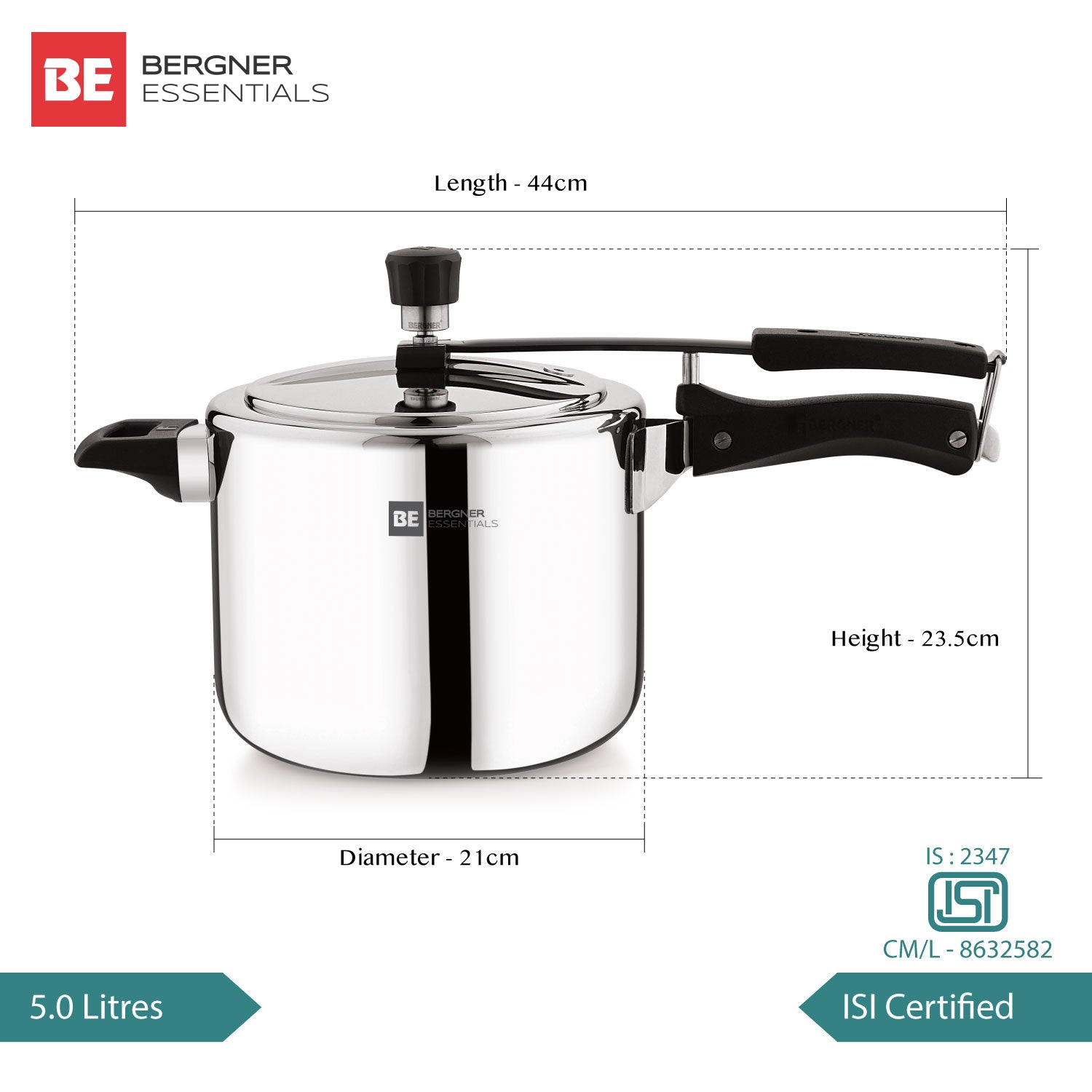 BE Essentials TriPro Tri-Ply Stainless Steel 5L Inner Lid Pressure Cooker - Induction Compatible