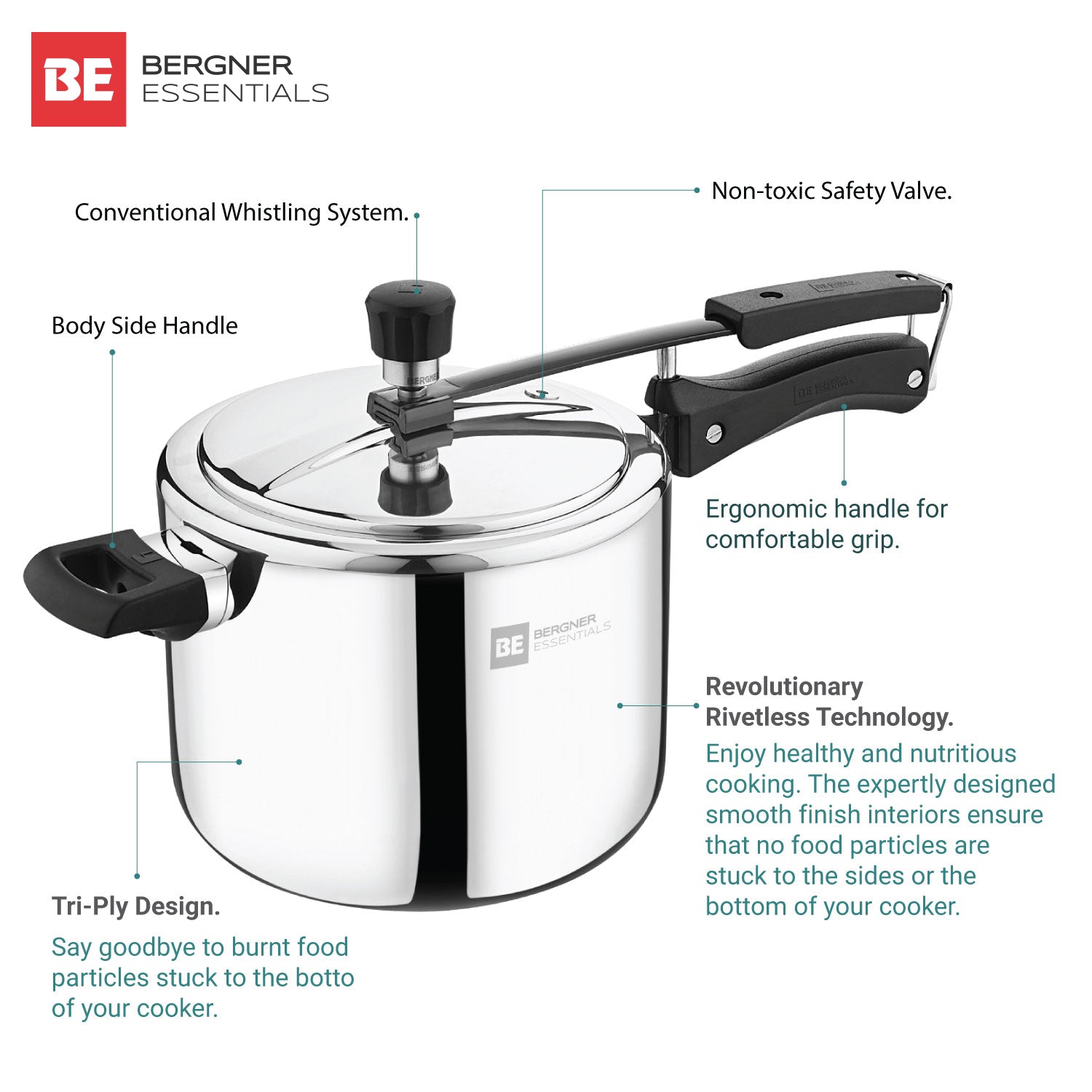 BE Essentials TriPro Tri-Ply Stainless Steel 5L Inner Lid Pressure Cooker - Induction Compatible