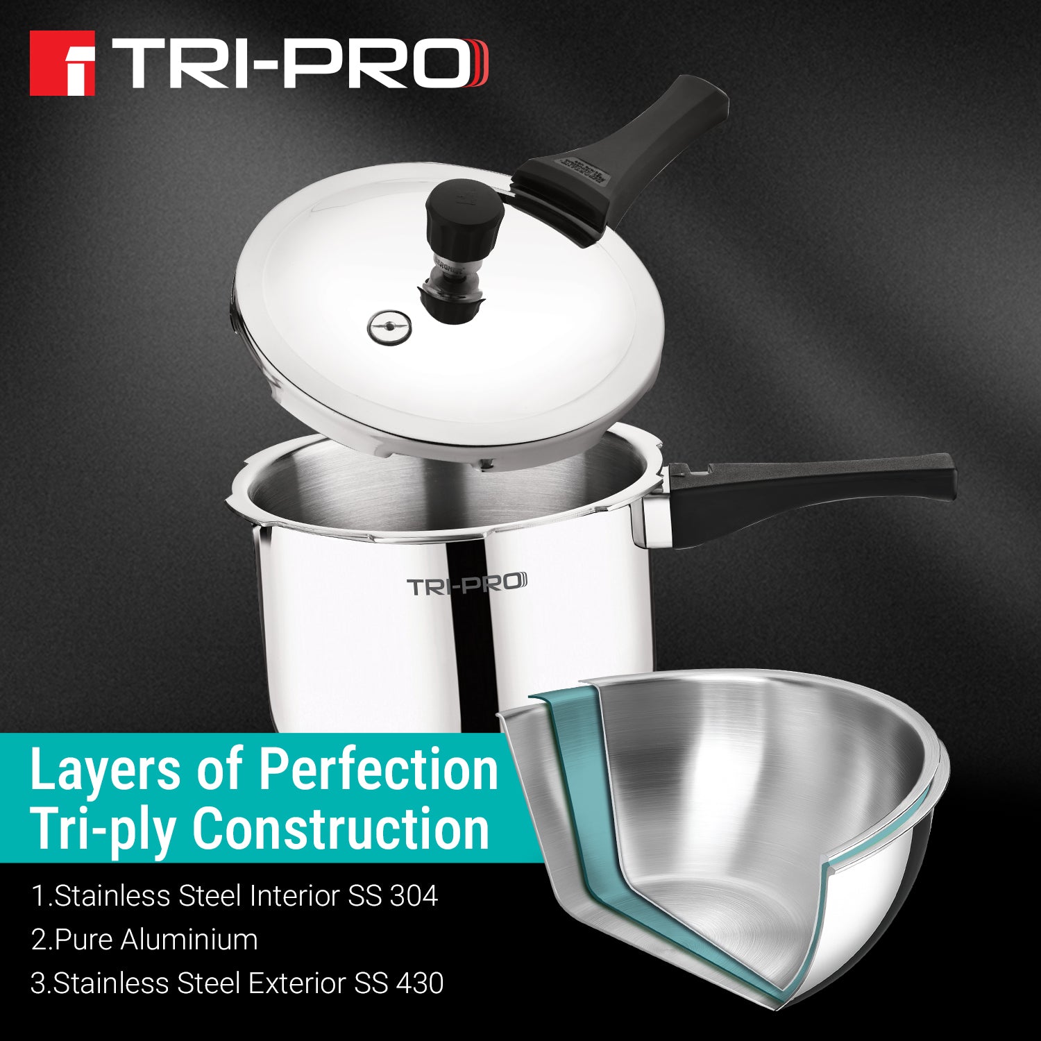 TriPro Tri-Ply Stainless Steel 3 Liters Outer Lid Pressure Cooker