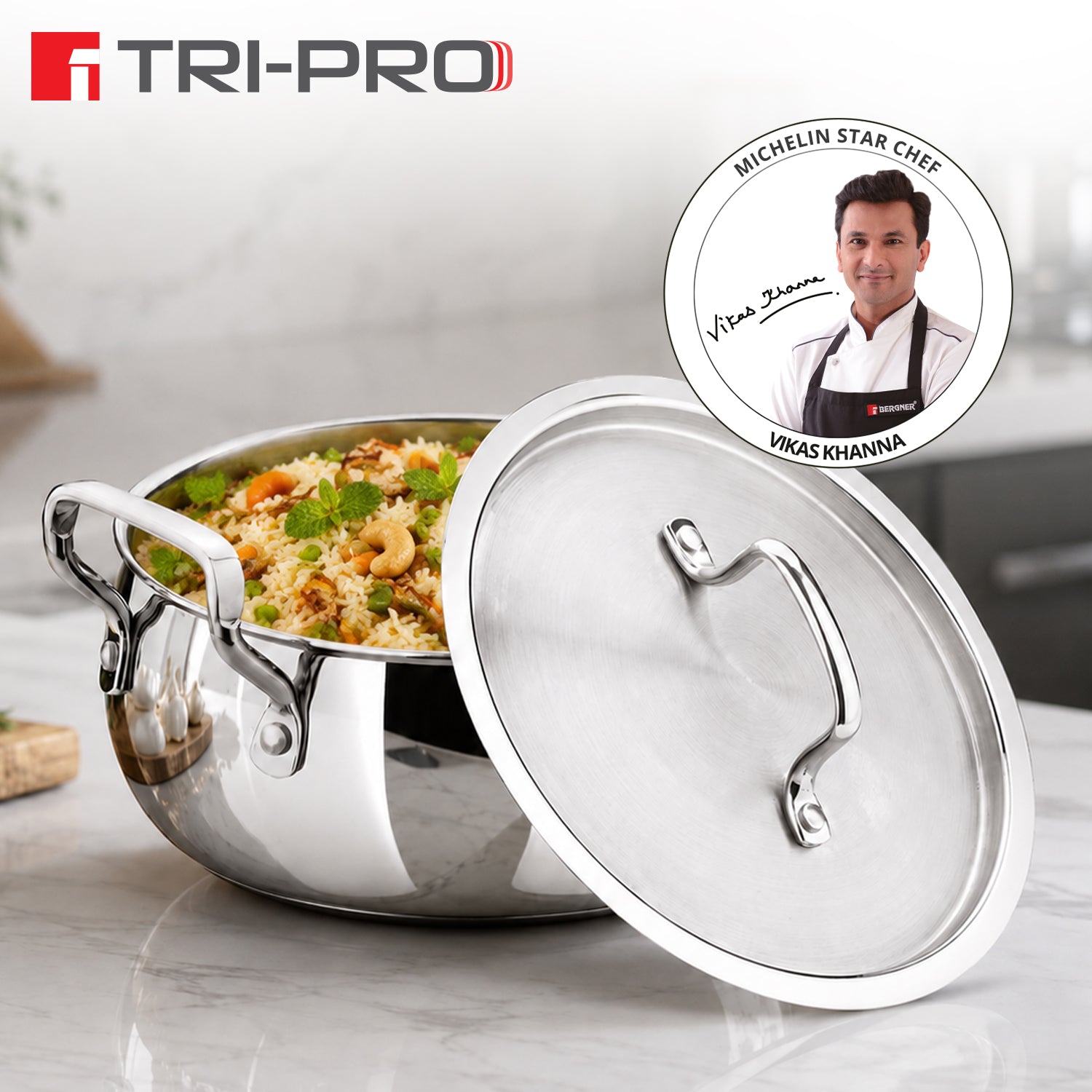 TriPro Triply Stainless Steel 18cm/2.3L Belly Shape Casserole / Biryani Handi with Lid
