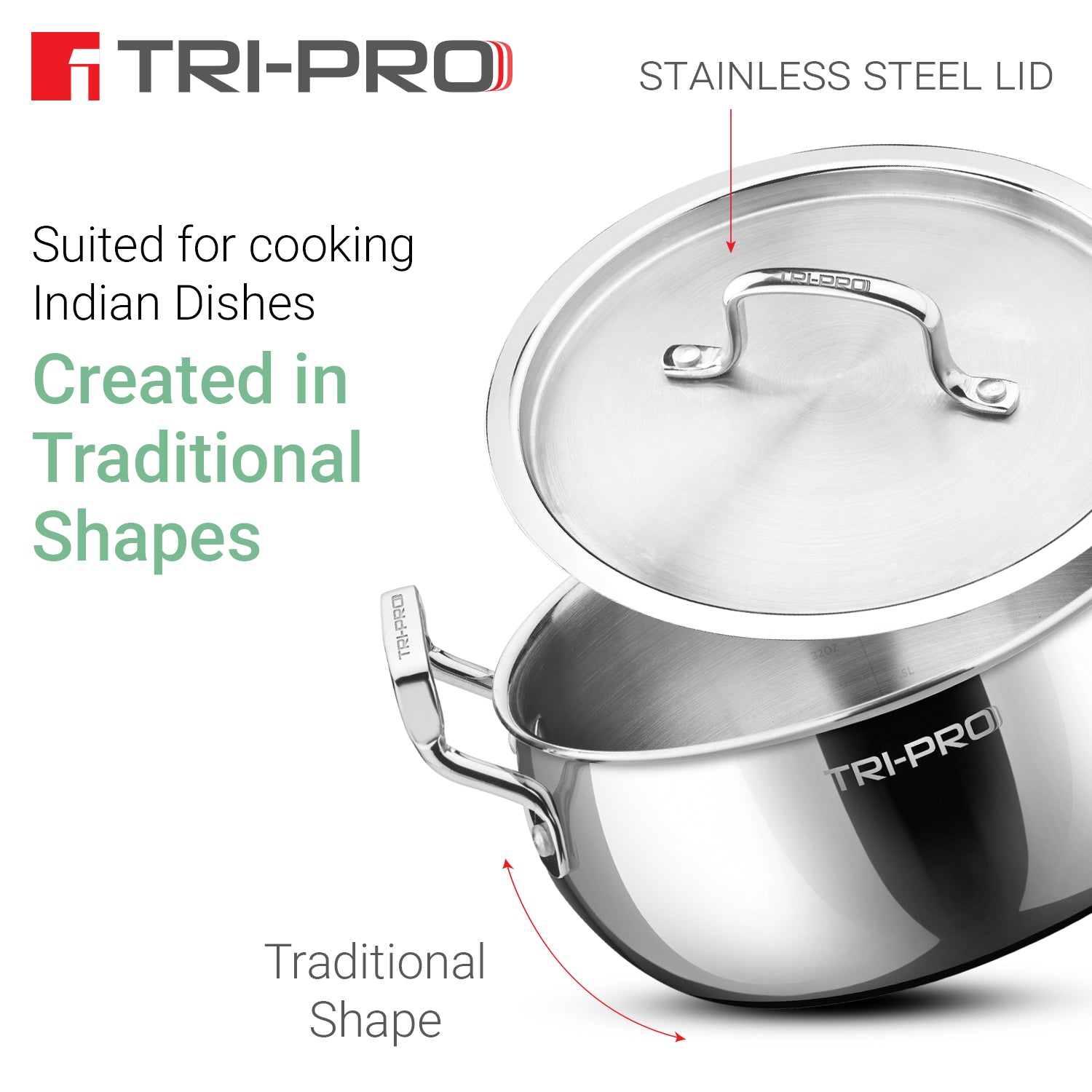 TriPro Triply Stainless Steel 18cm/2.3L Belly Shape Casserole / Biryani Handi with Lid