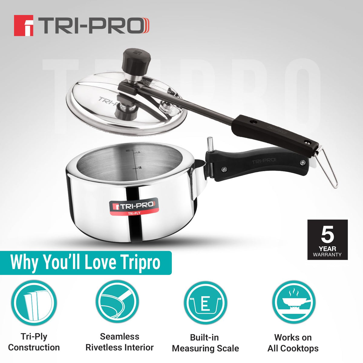 TriPro Triply Stainless Steel Inner Lid Pressure Cooker 1.5L