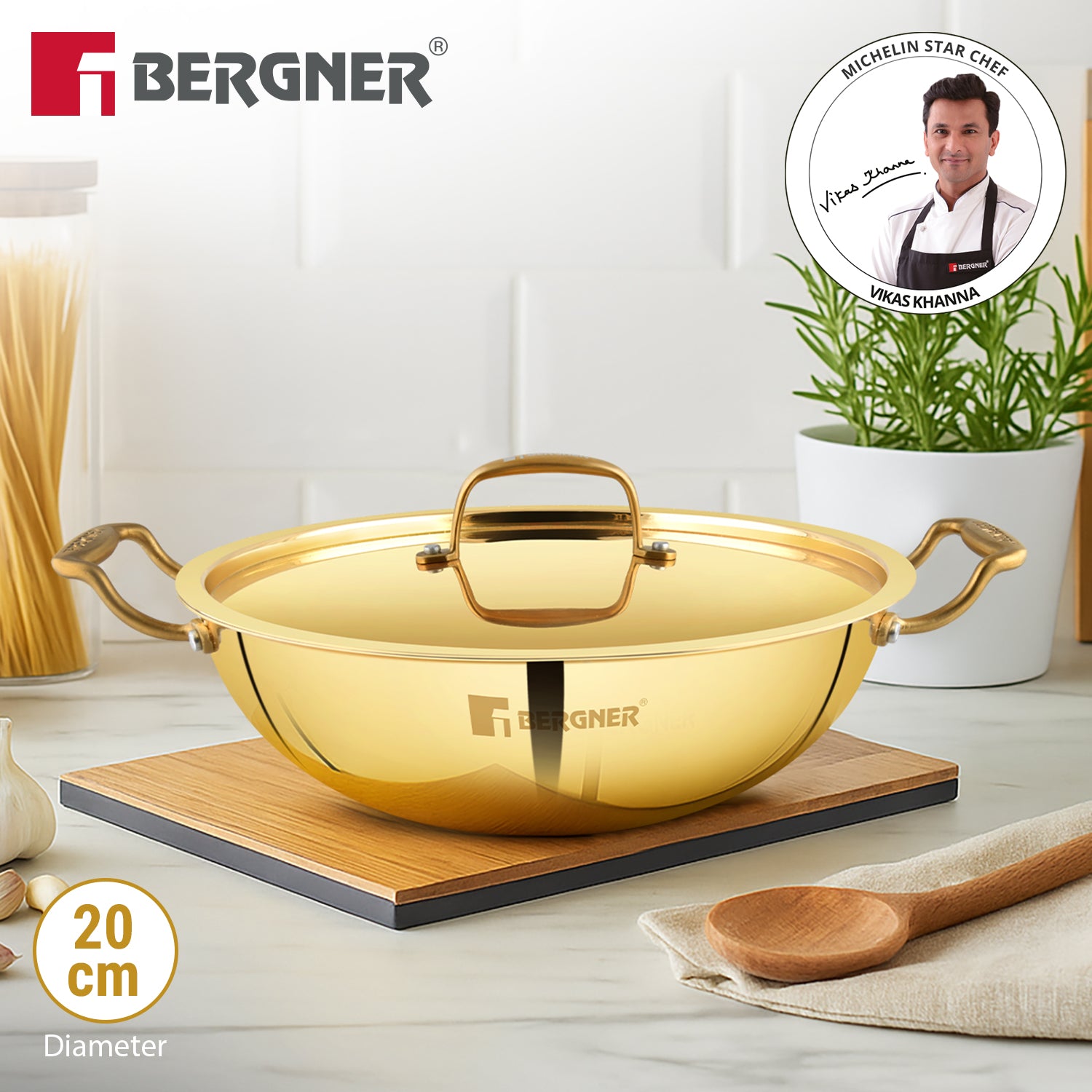 Bergner Peetlam 20cm / 1.5L Kadai with Lid, Tin (Kalai) Coated Kadhai, Brass