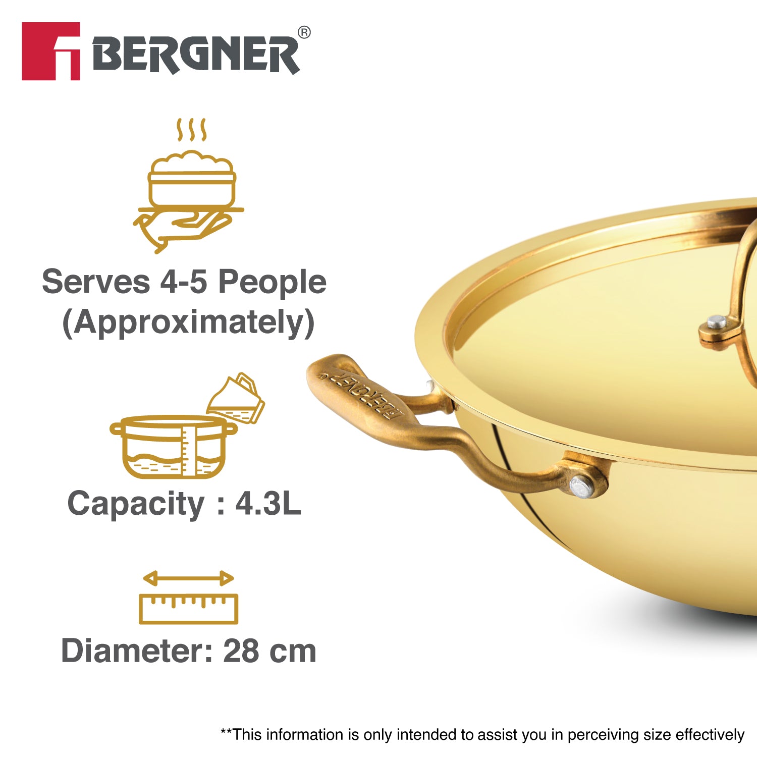 Bergner Peetlam 28cm / 4.3L Kadai with Lid, Tin (Kalai) Coated Kadhai, Brass