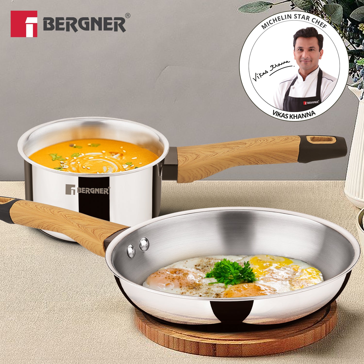 TriPro Triply Stainless Steel 2 Pcs Wooden Soft Touch Handle Cookware Set