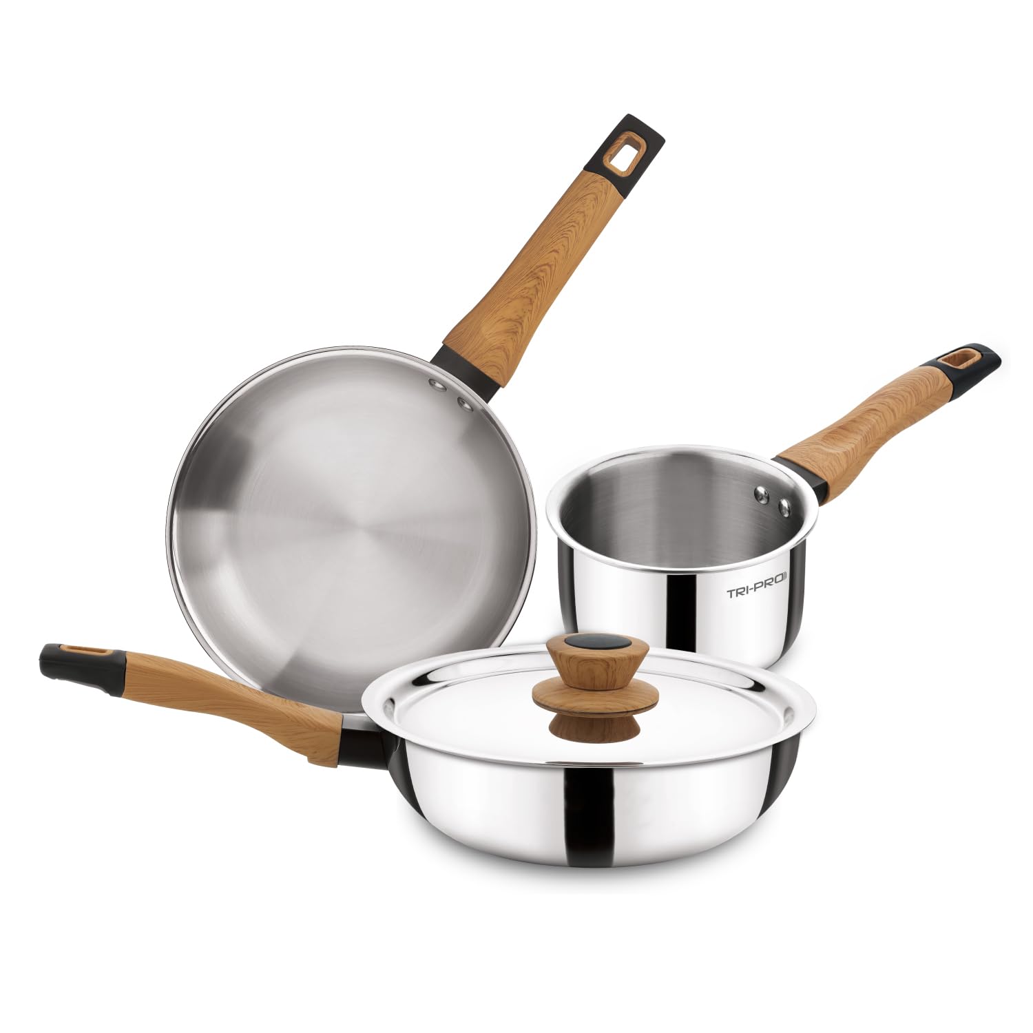 TriPro 4Pc Cookware Set Triply Wooden Soft Touch Handle
