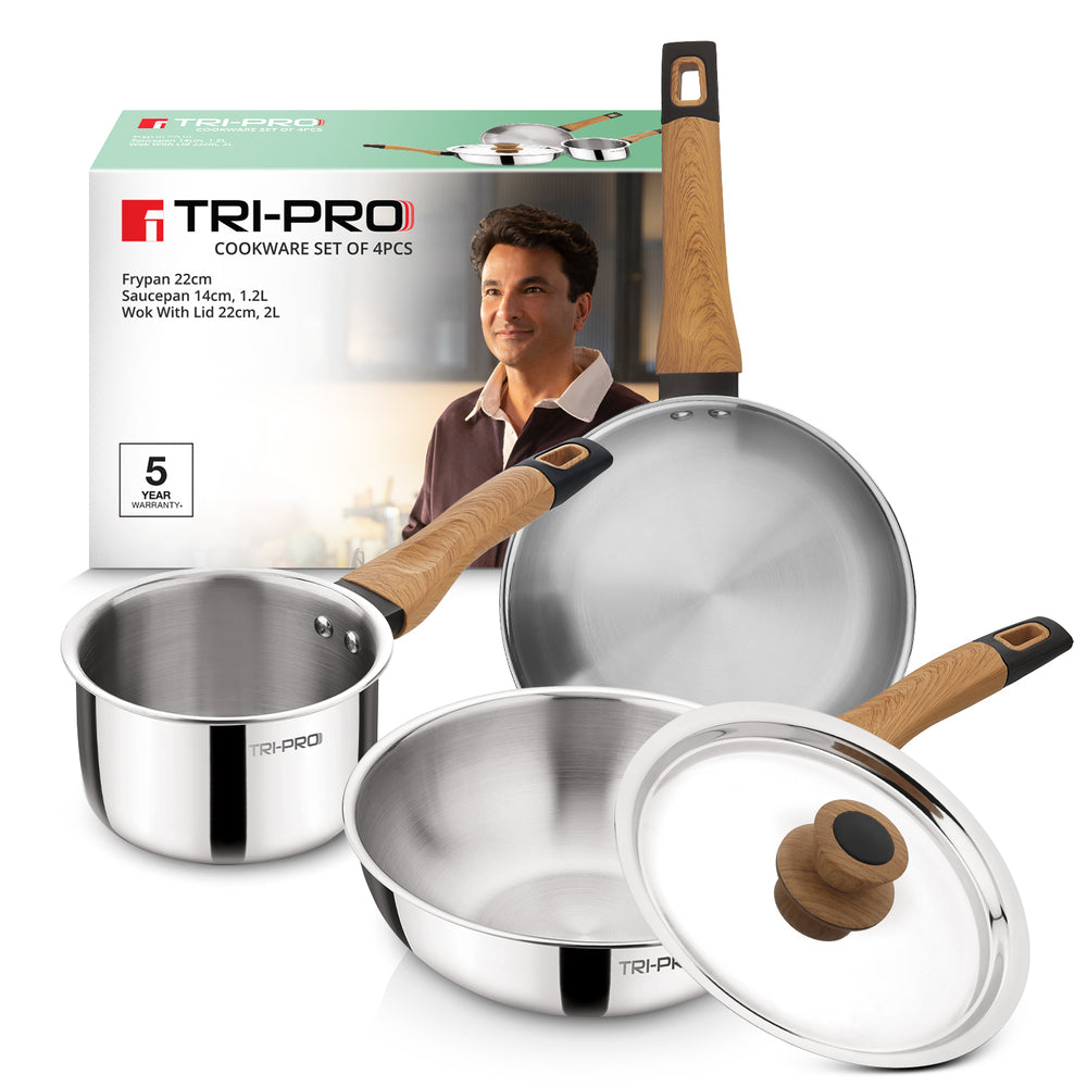 TriPro 4Pc Cookware Set Triply Wooden Soft Touch Handle
