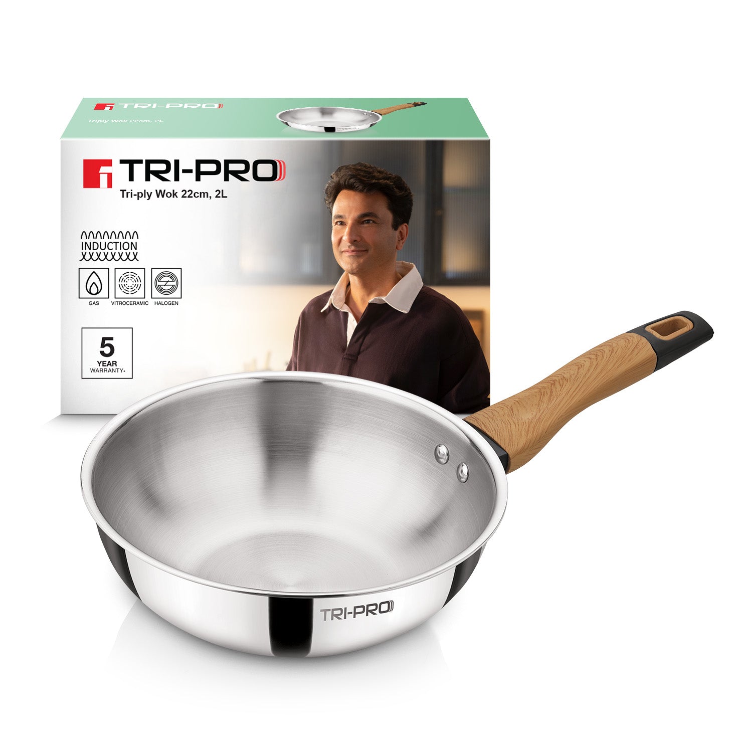 TriPro Triply Stainless Steel 22cm/2L Wok with Wooden Soft Touch Handle